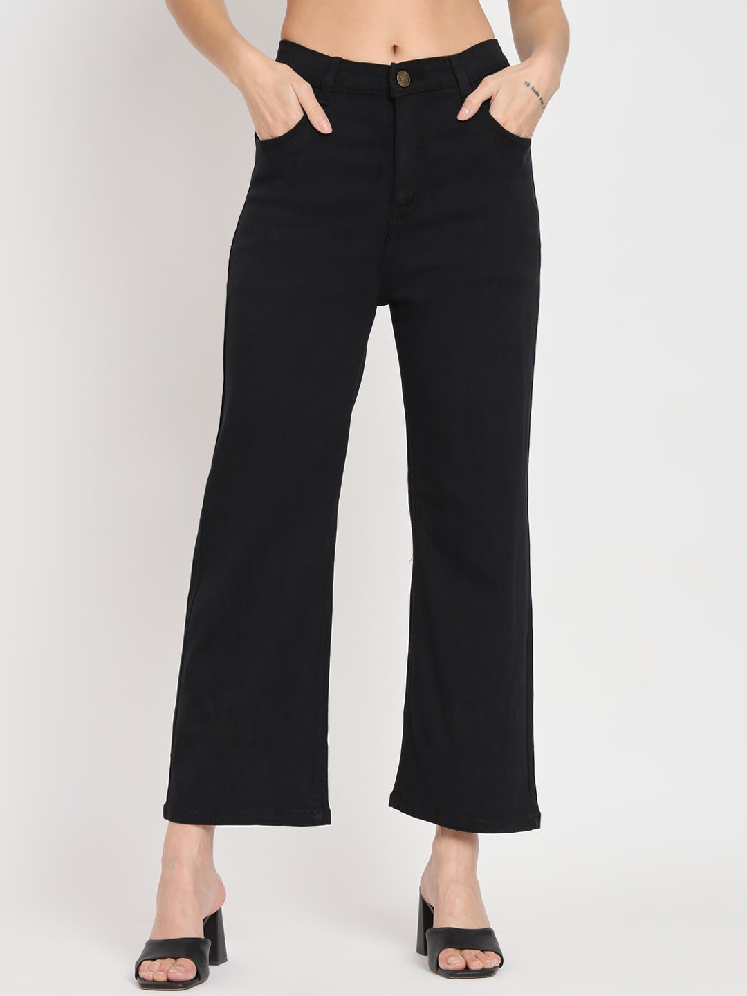 AngelFab Women High-Rise Dark Shade Cotton Wide Leg Jeans