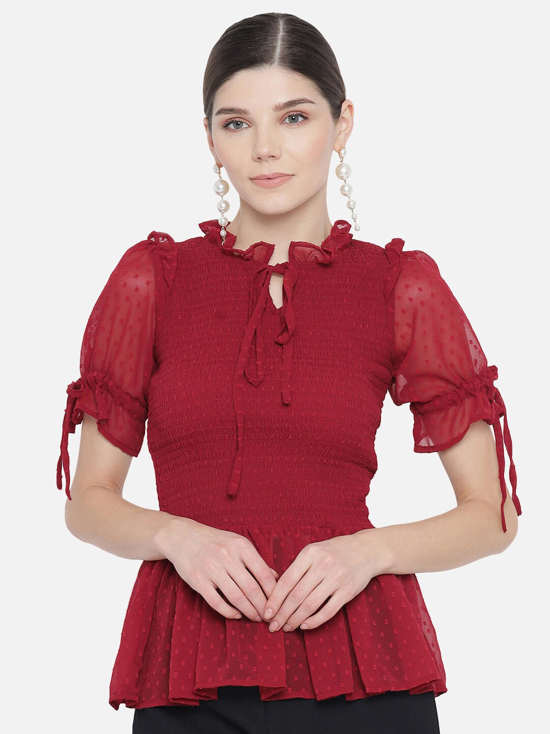 Trend Arrest Tie-Up Neck Smocked Peplum Top