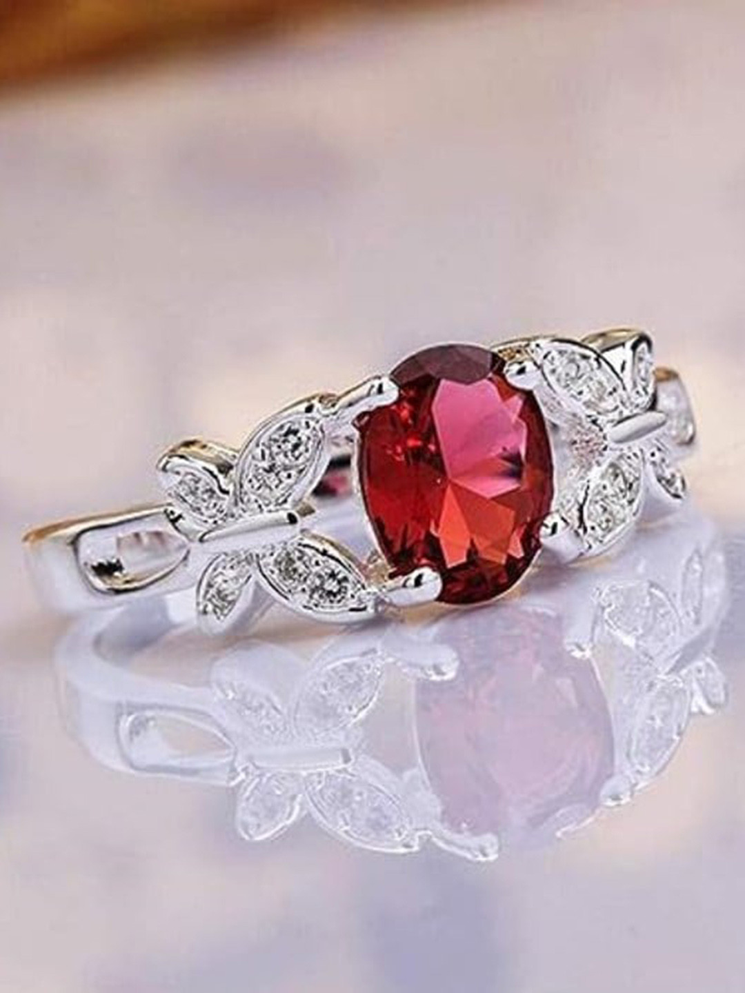 VIEN Women Zircon Leaf Silver-Plated Plushy Adjustable Ring