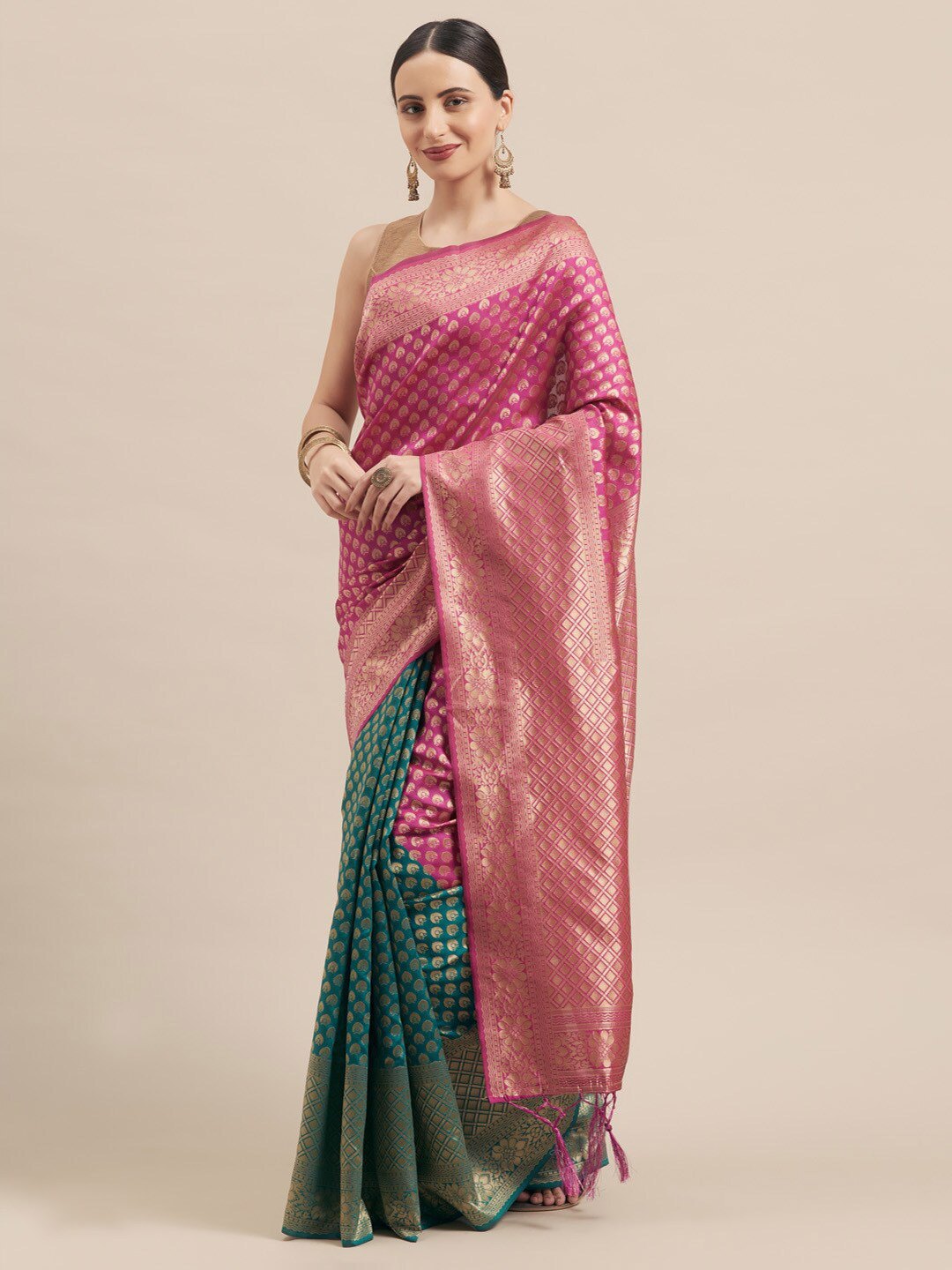 DIVASTRI Woven Design Zari Half and Half Kanjeevaram Saree