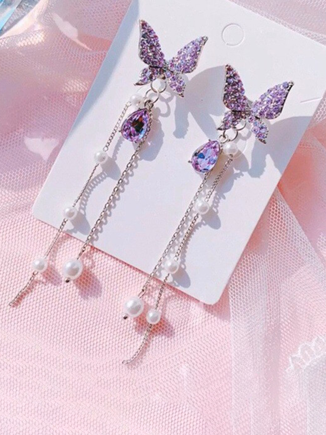 Pinapes Silver Plated Butterfly Design Stone Studded & Beaded Drop Earrings