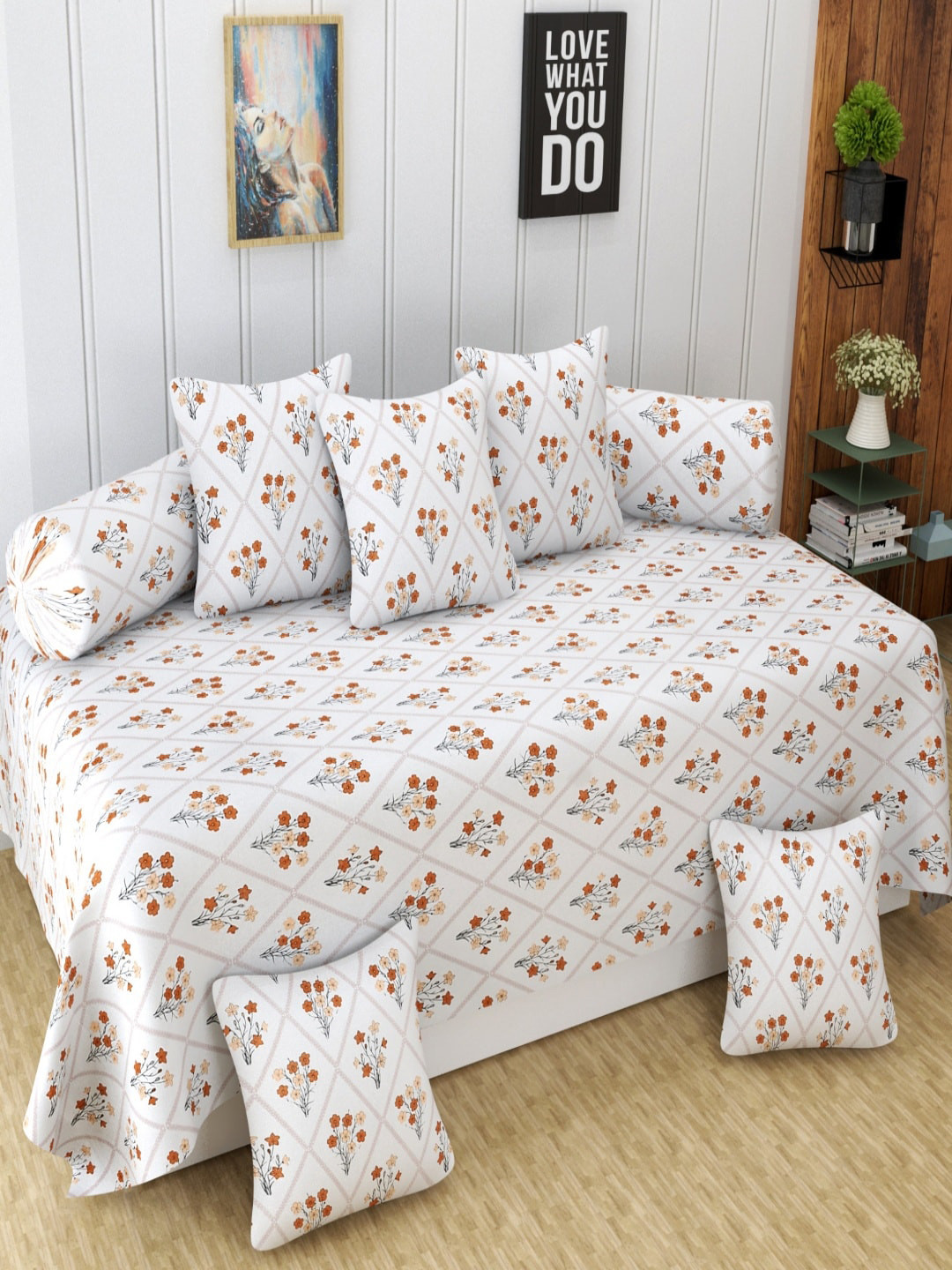 Homefab India 8 Pcs White Printed Satin Finished Cotton Diwan Set