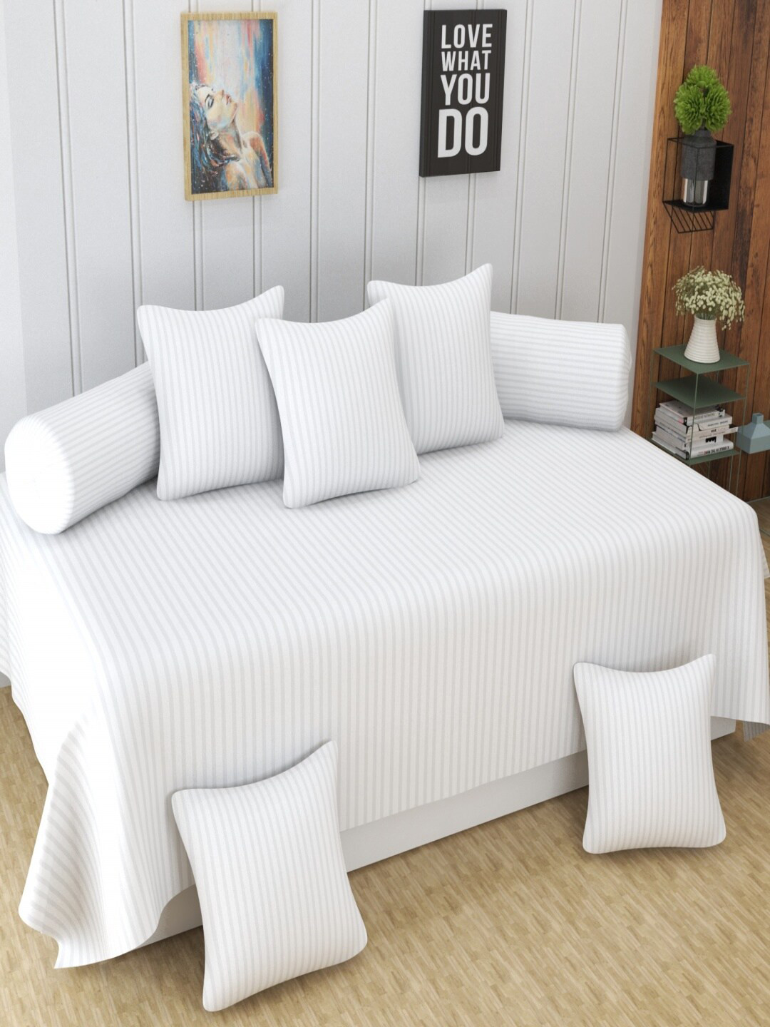 Homefab India 8 Pcs White Striped Satin Finished Cotton Diwan Set