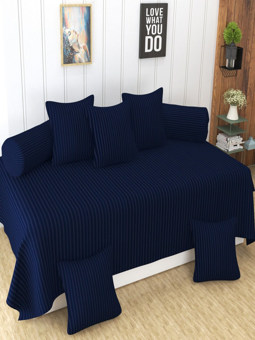 Homefab India 8-Pcs Navy Blue Striped Satin Finished Cotton Diwan Set