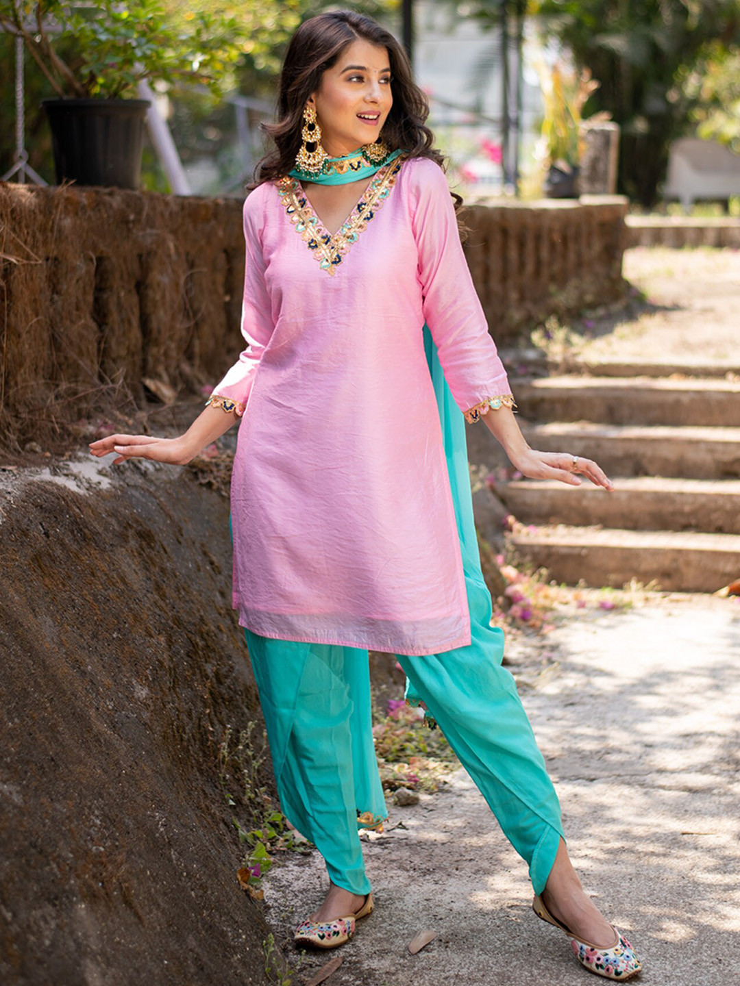 Label Shaurya Sanadhya Floral Beads & Stones Straight Kurta & Harem Pants With Dupatta