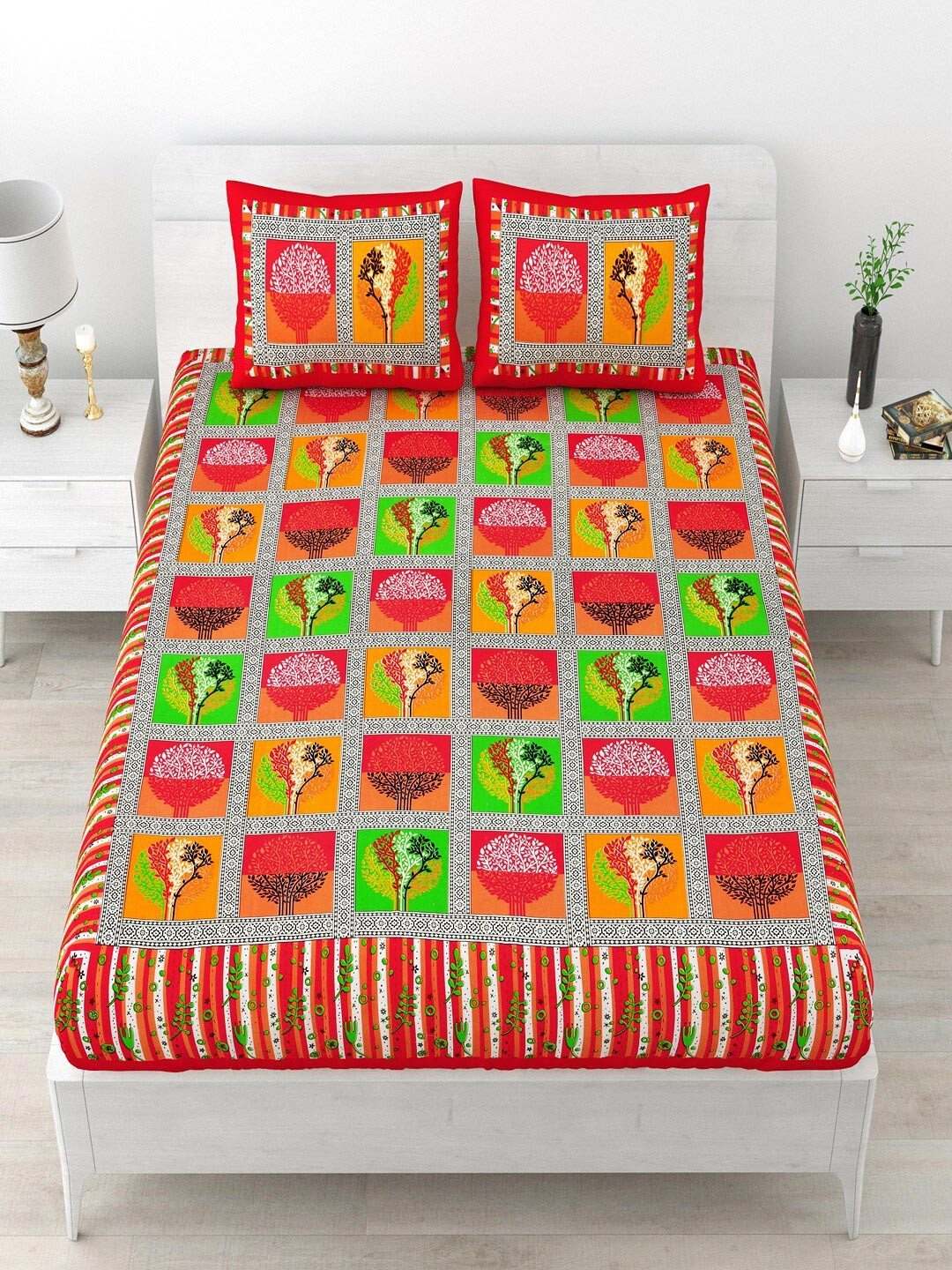 UNIQCHOICE Red & Green Floral Cotton 120 TC Queen Bedsheet With 2 Pillow Covers