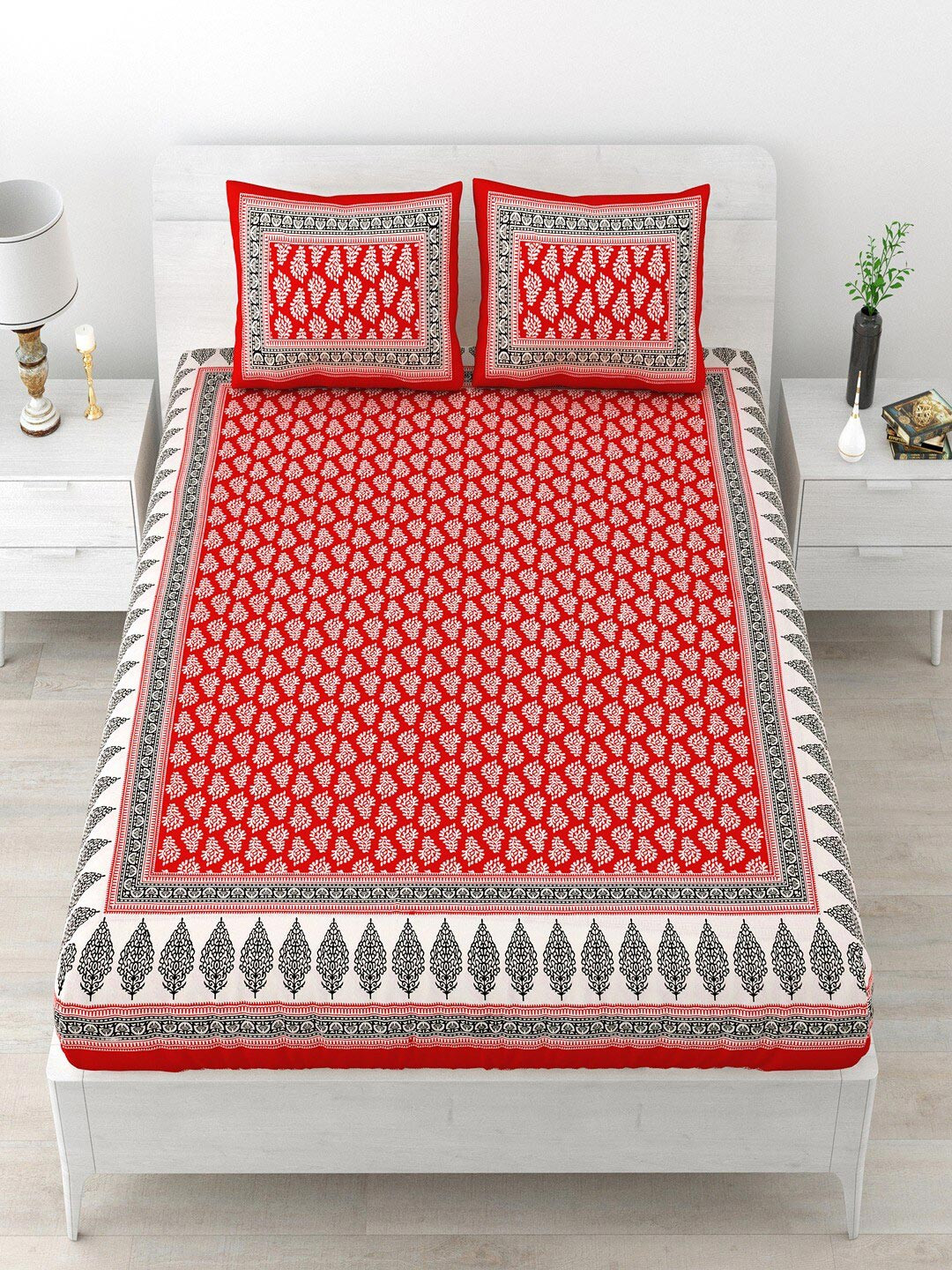 UNIQCHOICE Red Floral Cotton 120 TC Queen Bedsheet with 2 Pillow Covers-93 x 85 inches