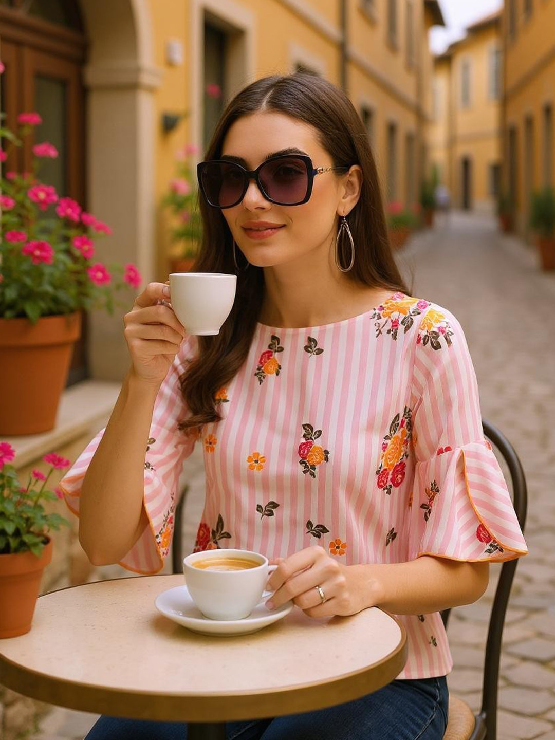 Hive91 Floral Print Bell Sleeve Top