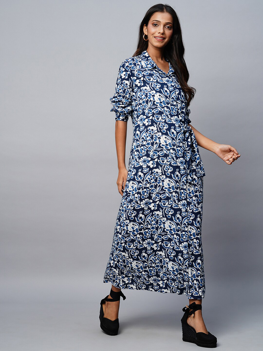 Chemistry Floral Printed Shirt Collar Tie-Up Maxi Modal Wrap Dress