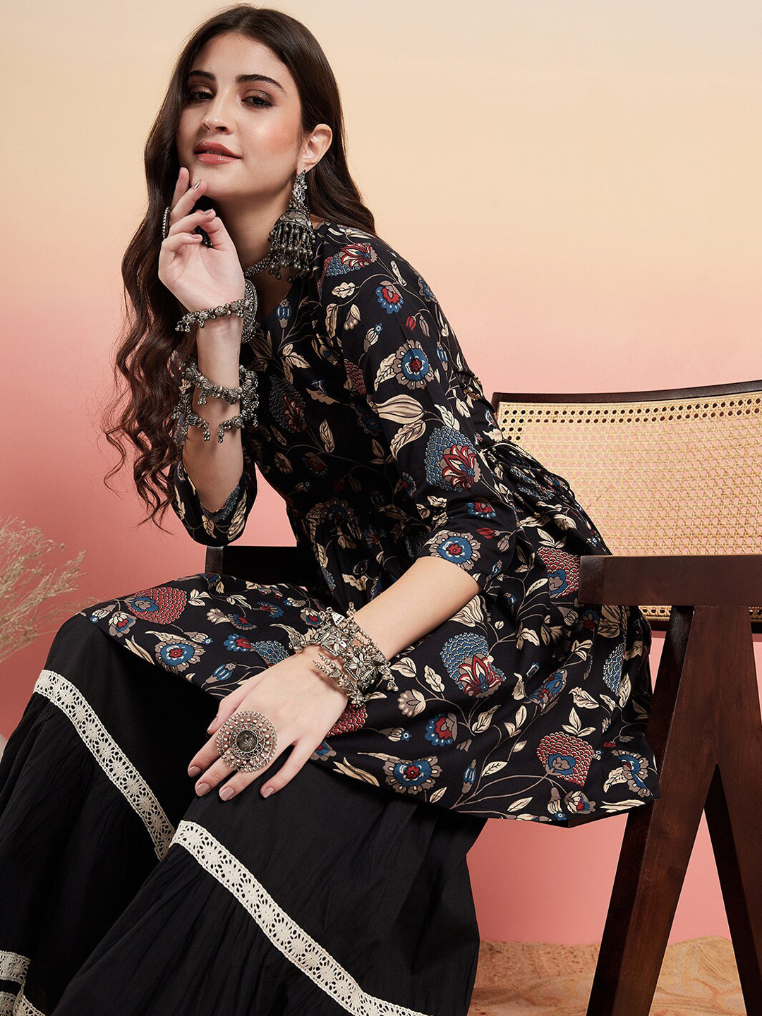 Sangria Floral Printed Pure Cotton Anarkali Kurti With Sharara