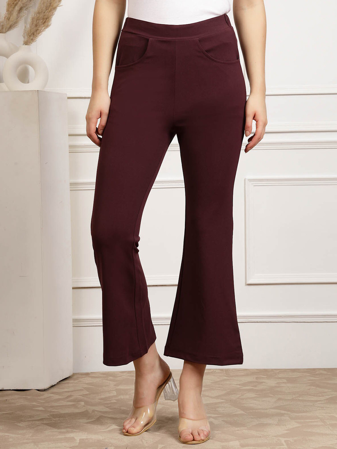 plusS WORX Burgundy Women Mid Rise Bootcut Trousers