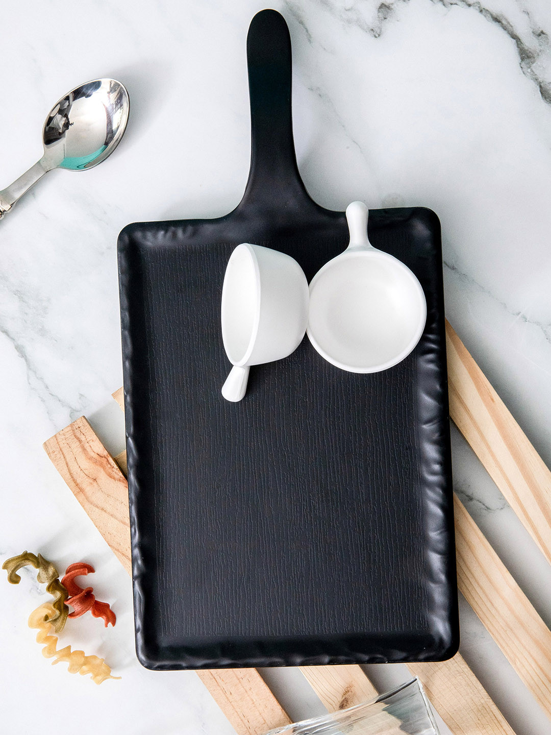 Servewell 3-Pcs Black & White Rectangular Matte Handle Platter and Rnd Scoop