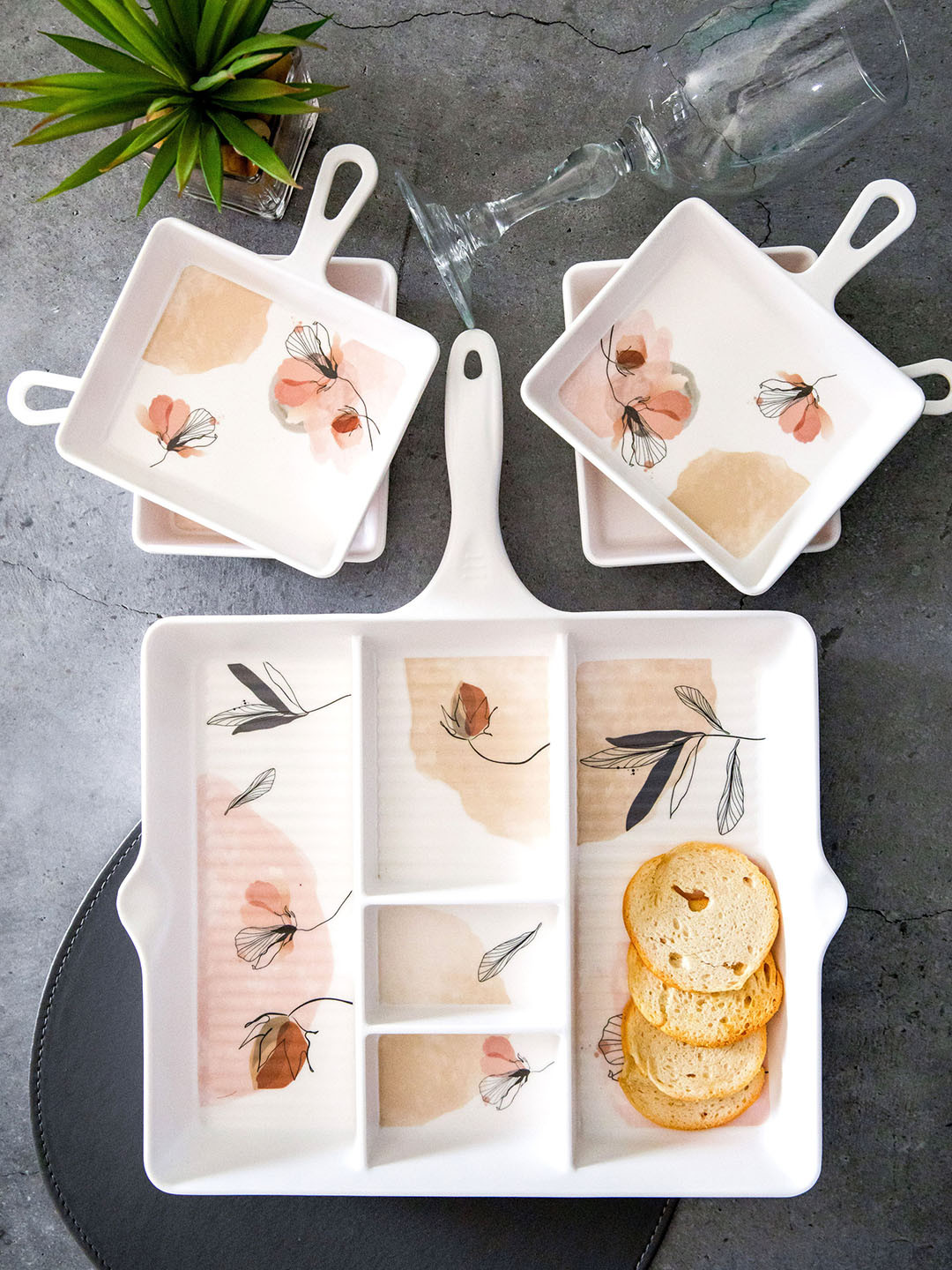 Servewell Khana Khazana 5 Pcs White Printed Melamine Serving Platter Set