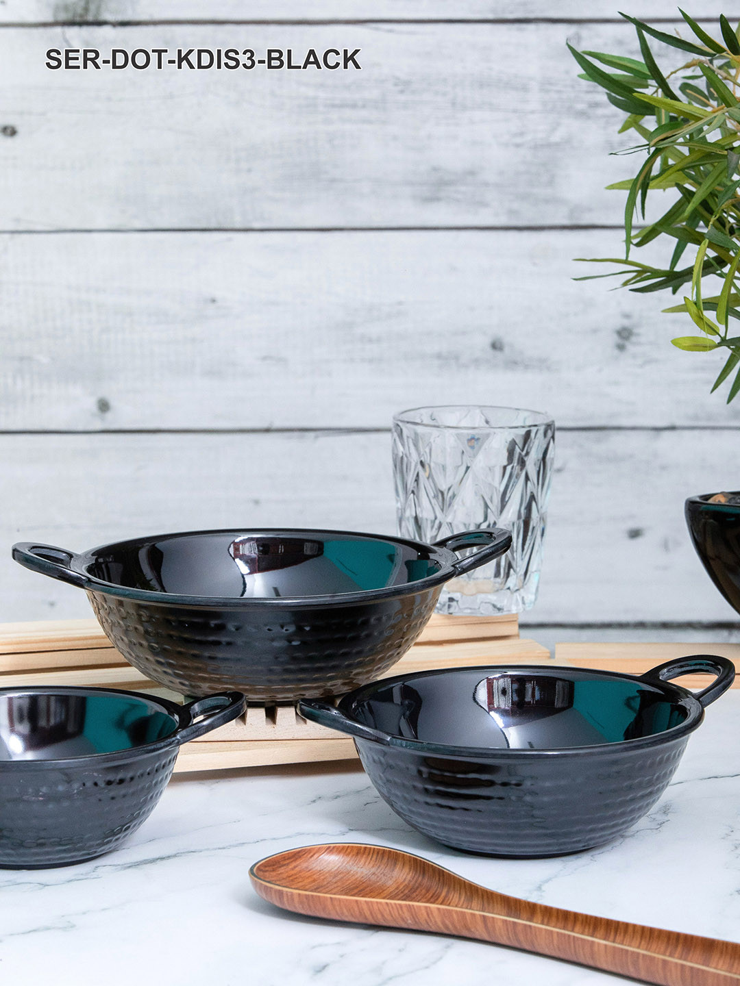 Servewell 3 Pcs Black Dotted Textured Melamine Kadai Set