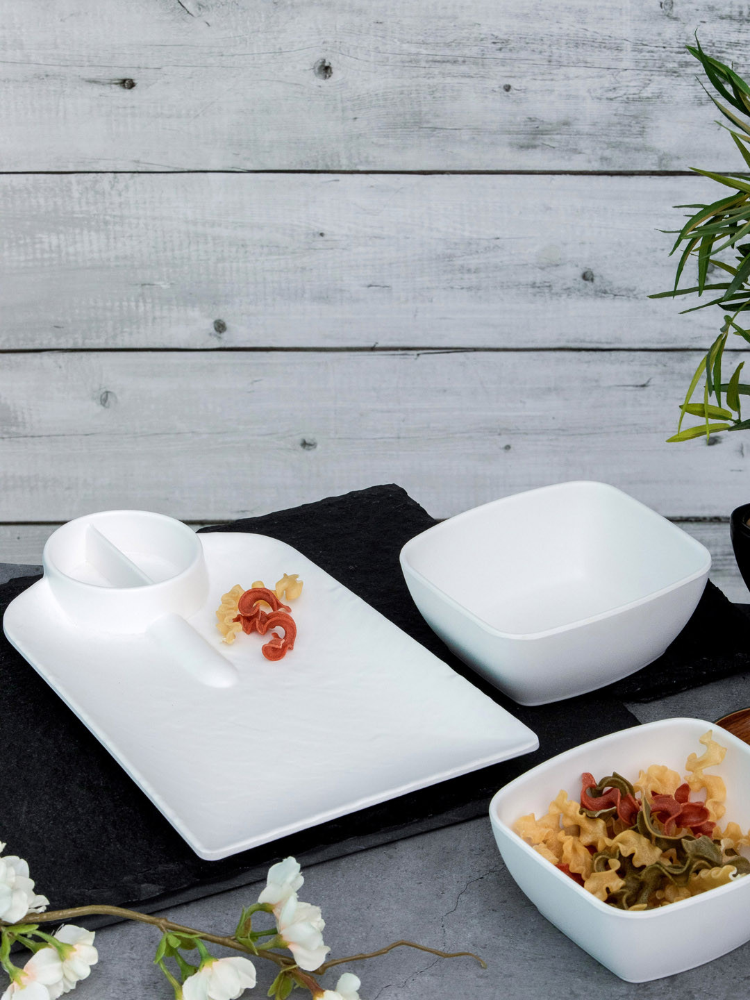 Servewell 3-Pcs White Spade Matte Platter & Cate Matte Veg Bowl