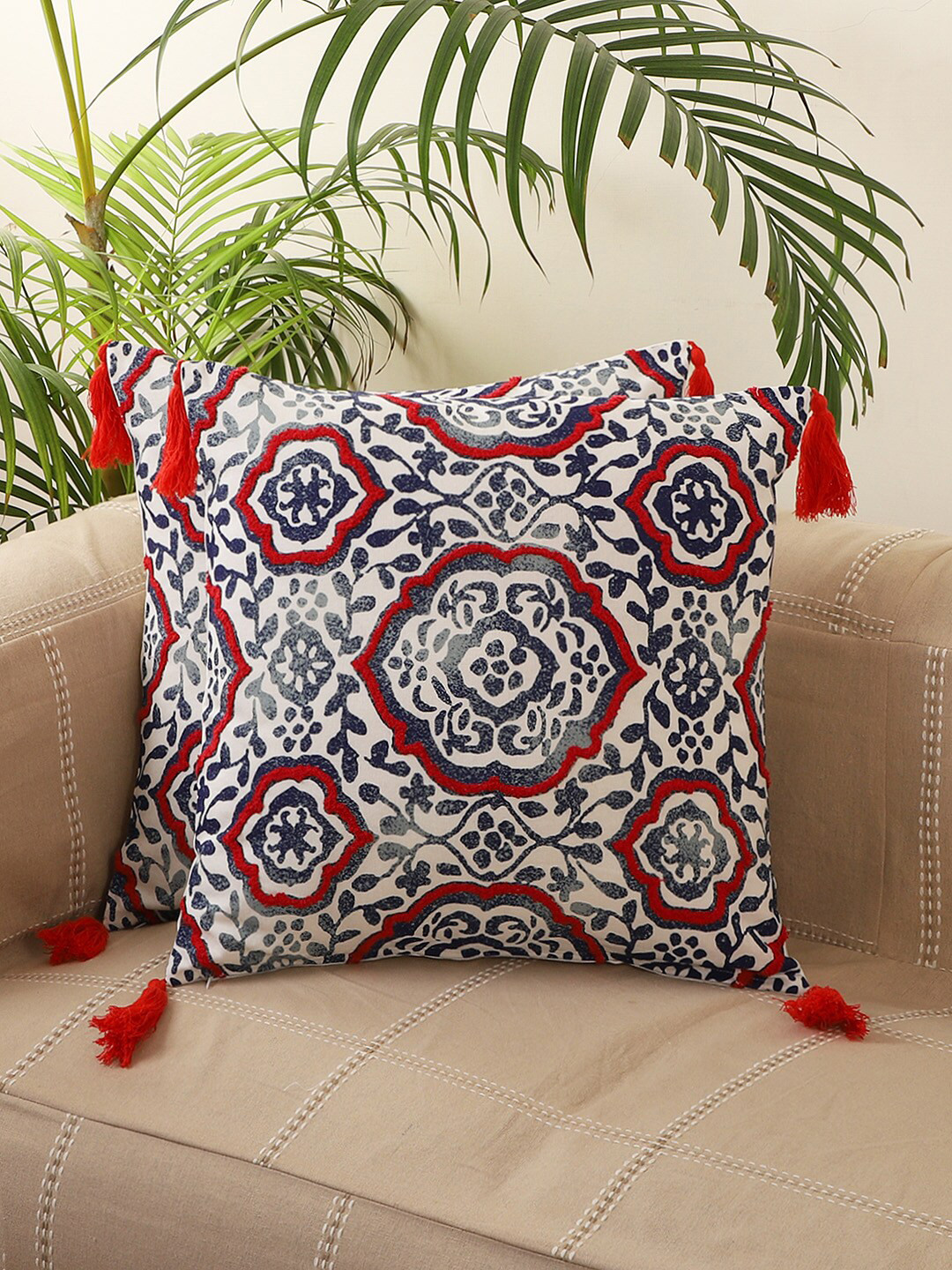 Jamio Firati with Dori work Blue Ethnic Motifs Cotton 2 Pcs Square Cushion Covers -18x18In