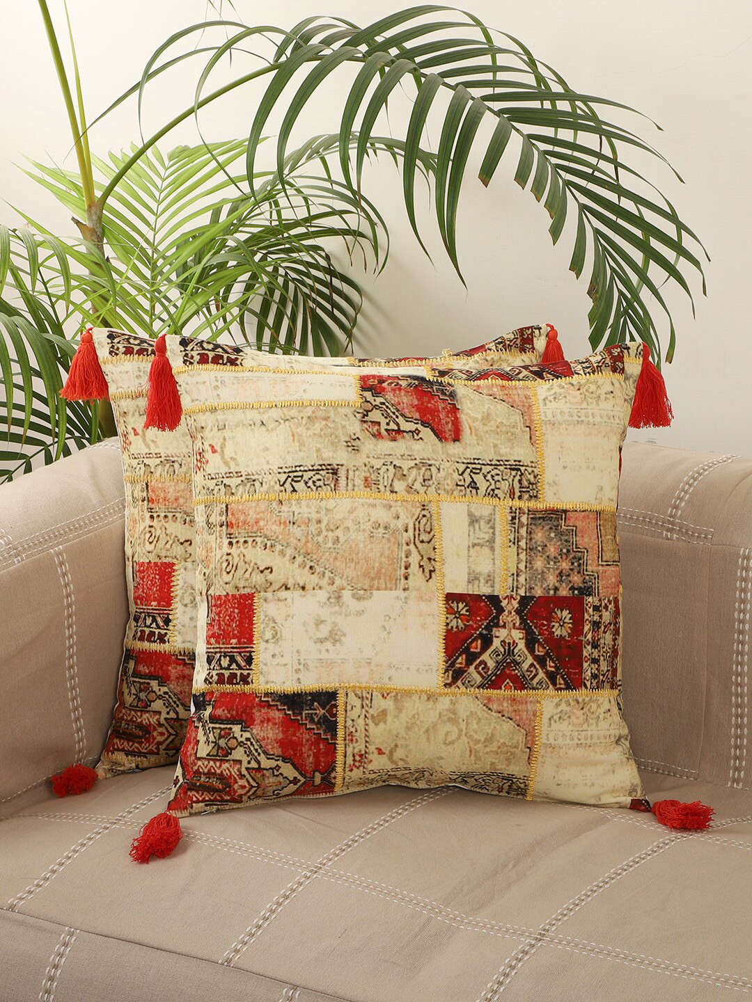Jamio Firati Beige & Red 2 Pieces Quirky Embroidery Square Cotton Cushion Covers