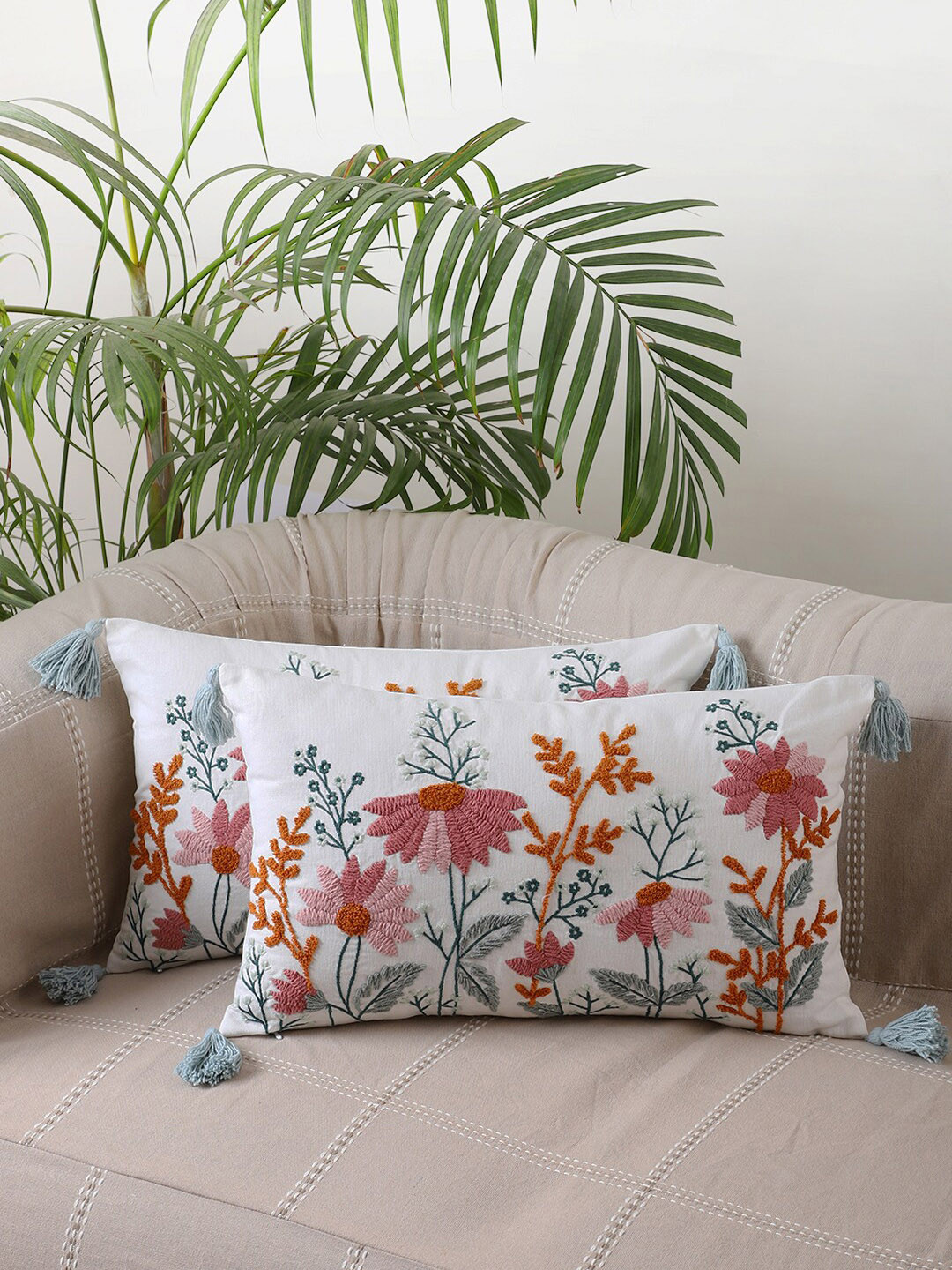 Jamio Firati Red & White Floral Embroidered Rectangle Cotton Cushion Cover