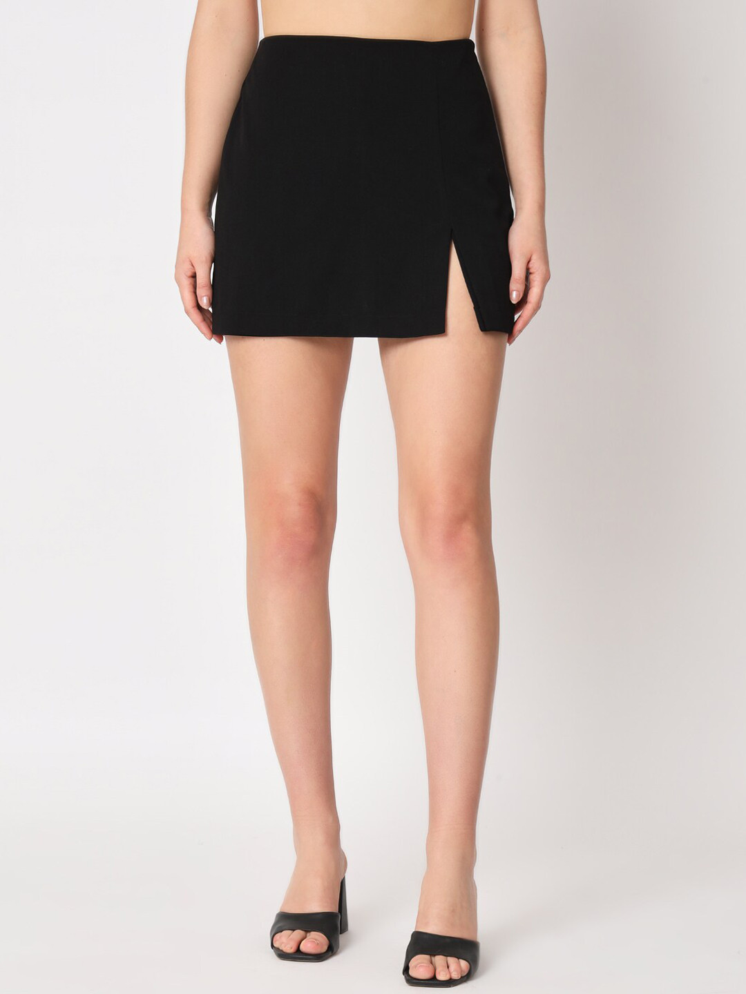 Zastraa Black Side Slit Scuba Mini Skorts