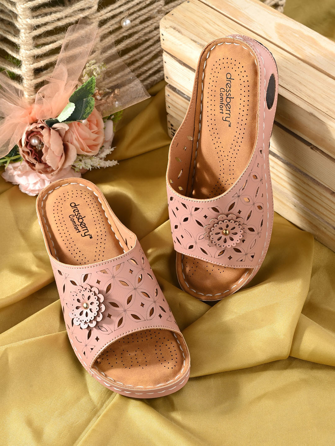 DressBerry Pink Laser Cut Embellished Open Toe Flats