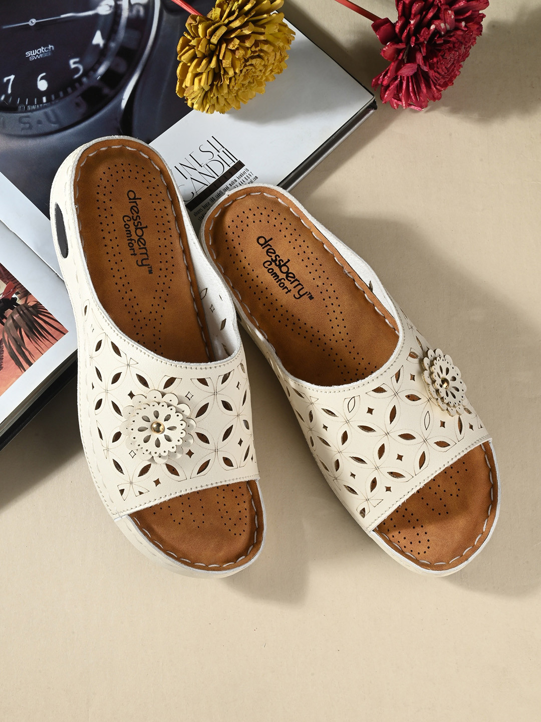 DressBerry Cream-Coloured Laser Cut Embellished Open Toe Flats