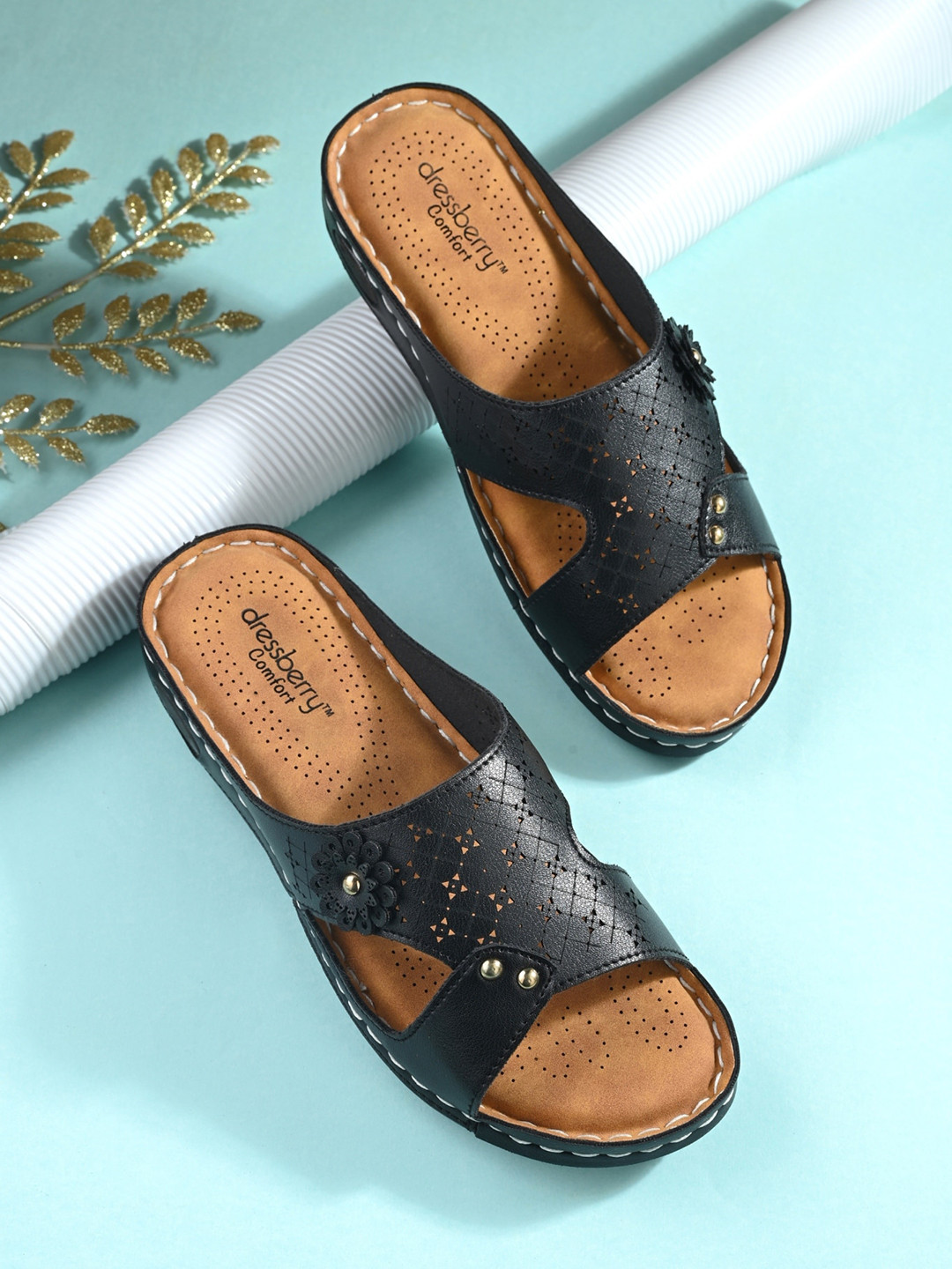 DressBerry Black Laser Cut Embellished Open Toe Flats