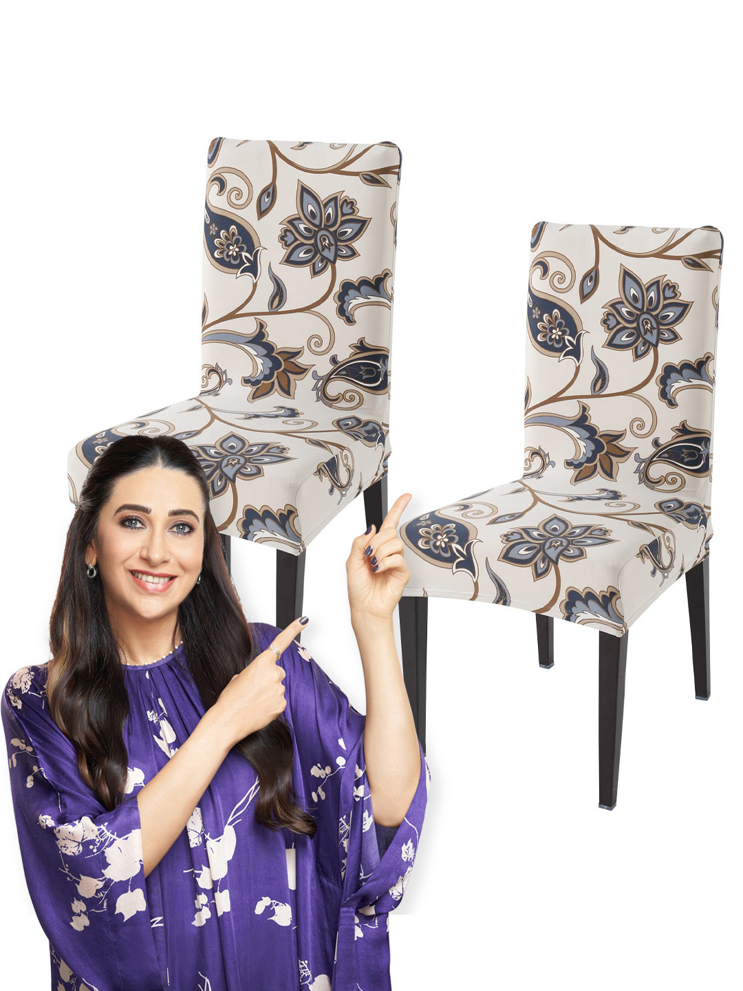 HOKIPO Off White & Brown 2 Pieces Printed Stretchable Chair Covers