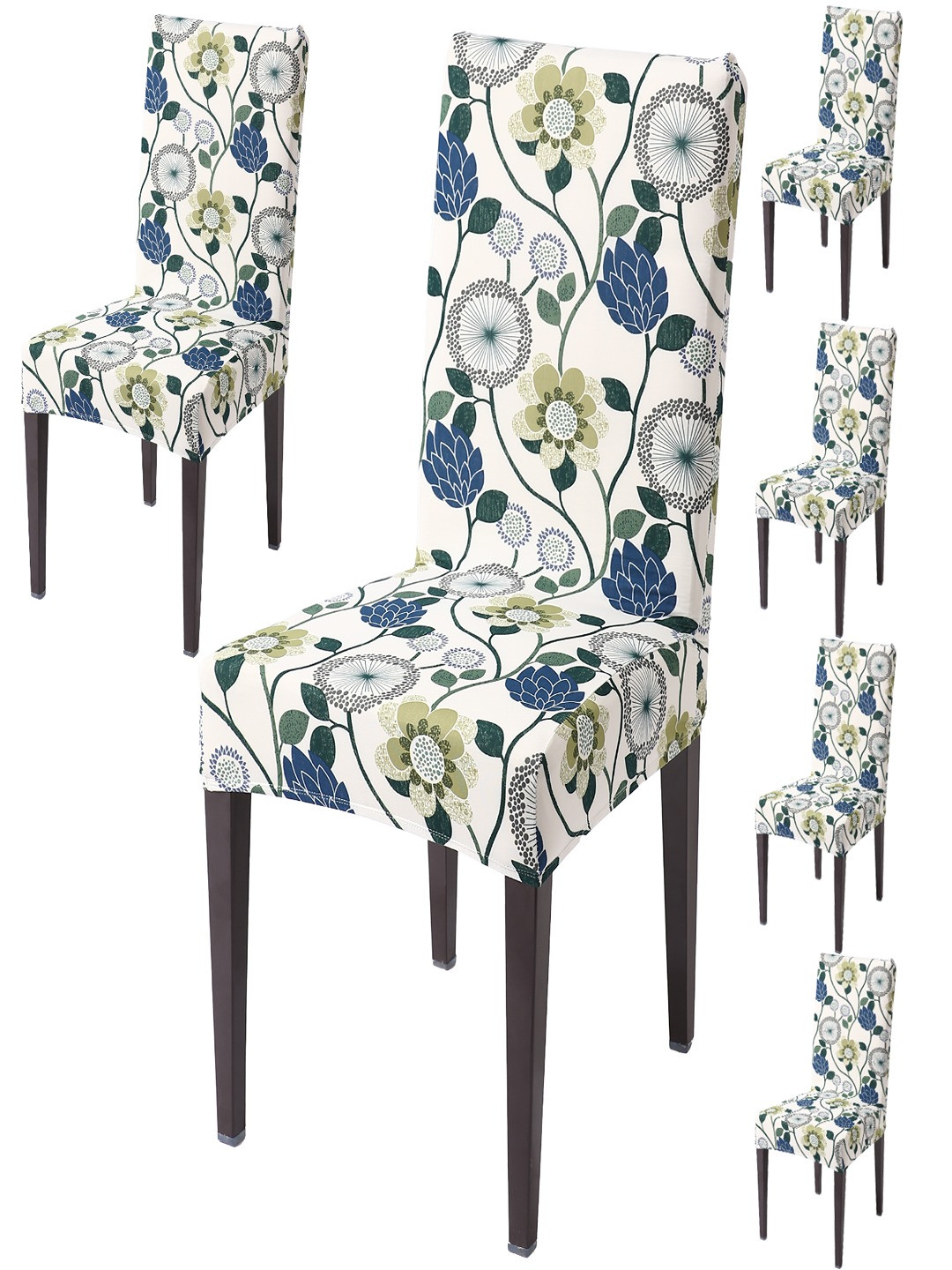HOKIPO Off White & Green 6-Pieces Printed Stretchable Chair Covers