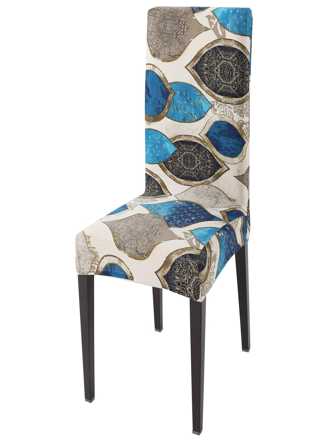 HOKIPO Beige & Blue Printed Stretchable Chair Cover