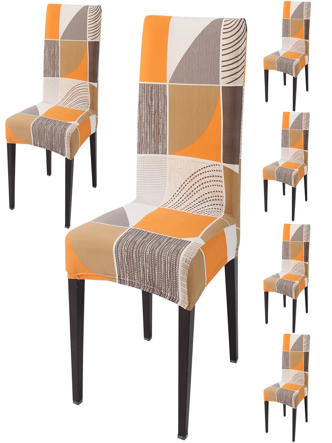 HOKIPO Orange Colored & Beige 6 Pieces Printed Stretchable Chair Covers