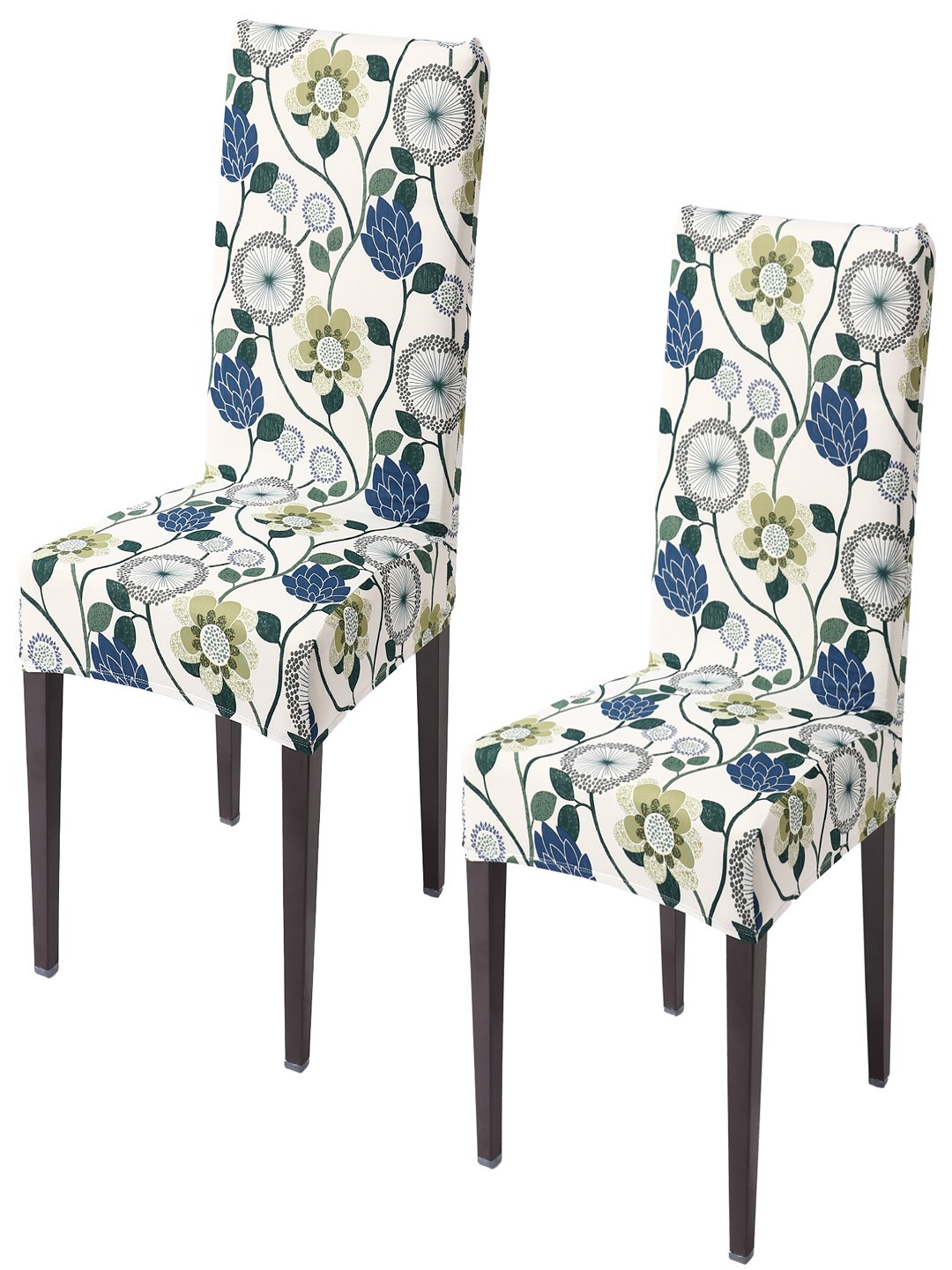 HOKIPO 2 Pieces Off White & Blue Floral Printed Stretchable Chair Covers