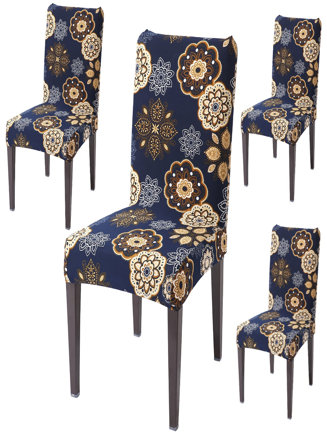 HOKIPO 4 Pcs Blue & Beige Floral-Printed Stretchable Chair Covers