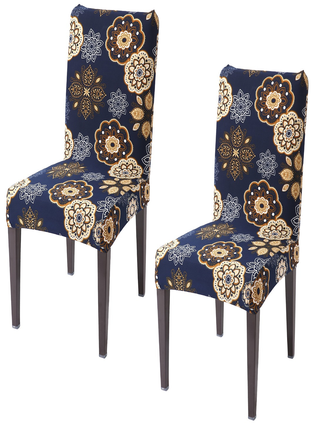 HOKIPO 2 Pcs Blue & Beige Printed Stretchable Chair Covers
