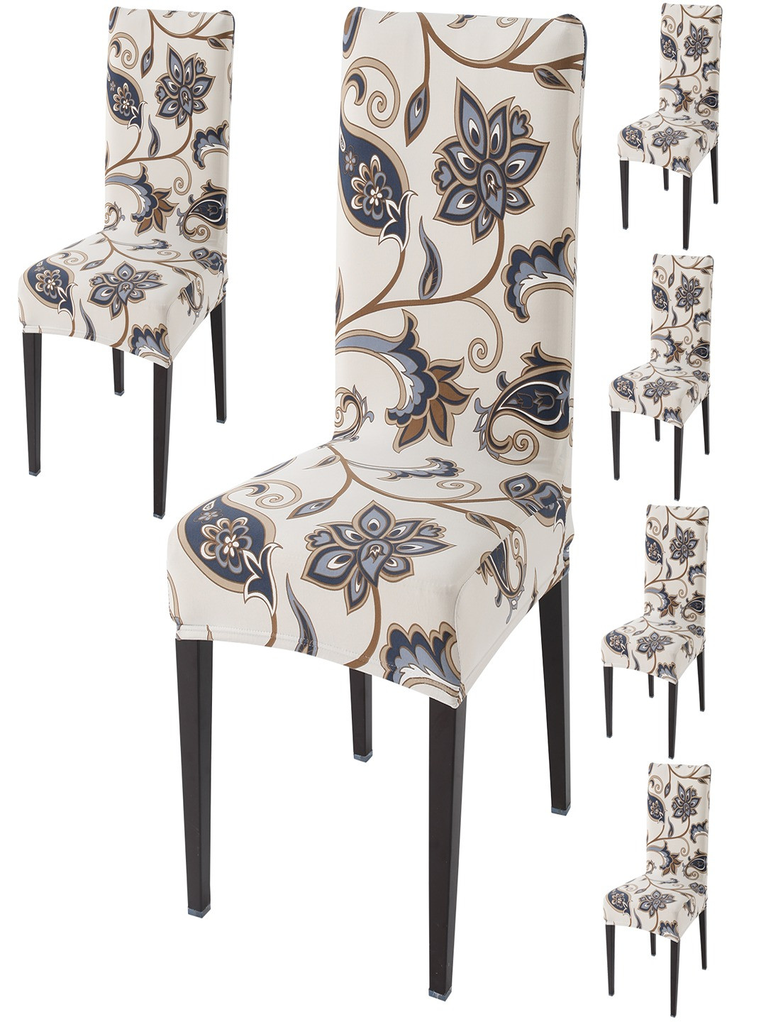 HOKIPO Off White & Blue 6 Pieces Floral Printed Stretchable Chair Covers