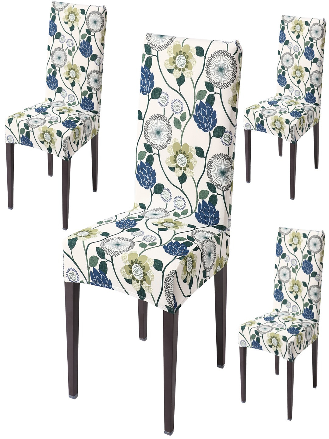 HOKIPO Off-White & Blue 4 Pieces Floral-Printed Stretchable Chair Covers