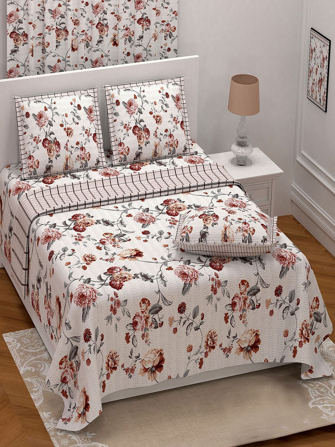 UNIQCHOICE Premium White Floral Pure Cotton 180 TC King Fine Bedsheet with 2 Pillow Covers-106 x 87 inches