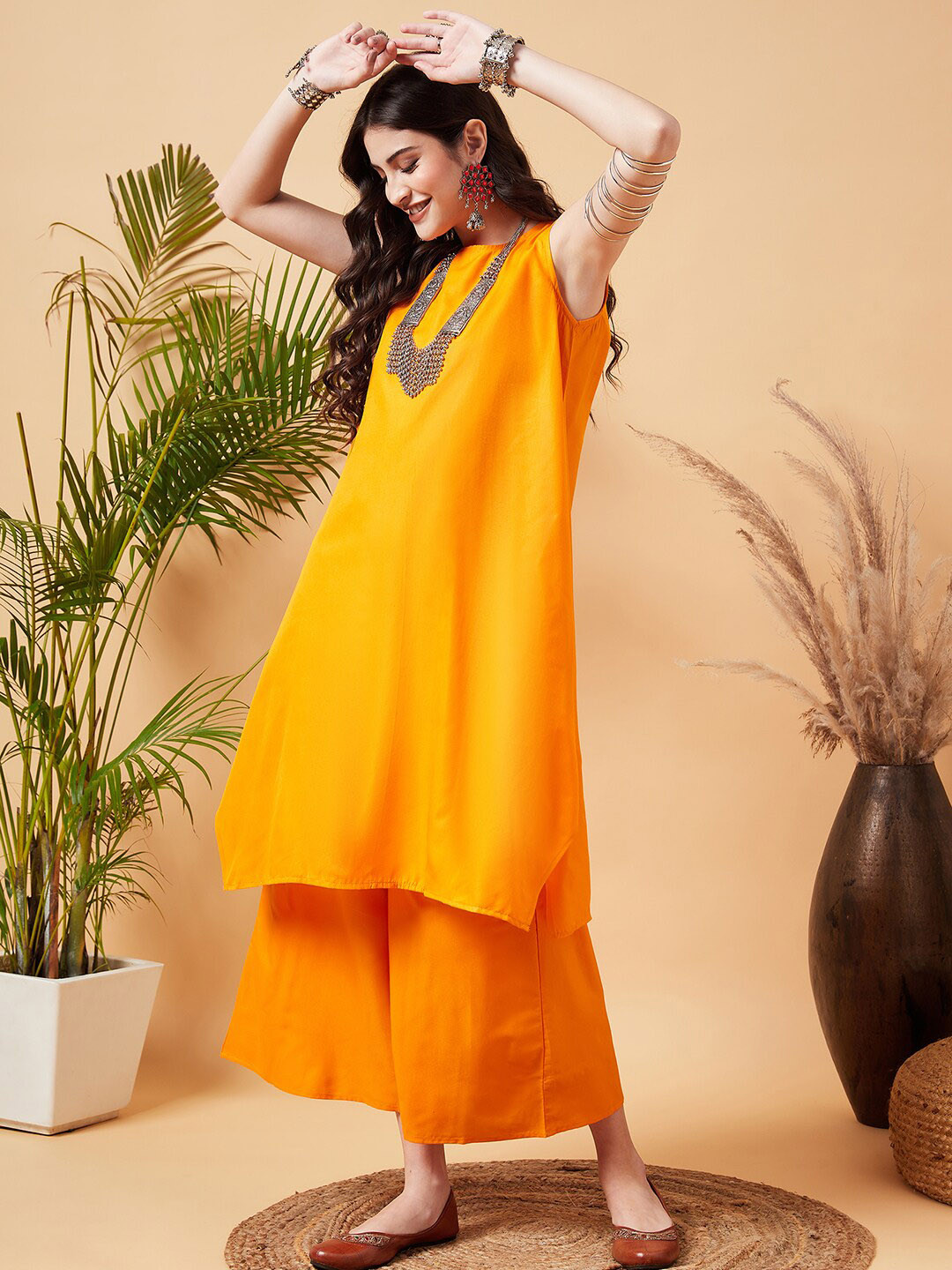 InWeave Orange Round Neck Sleeveless Regular Pure Cotton Kurta With Palazzos