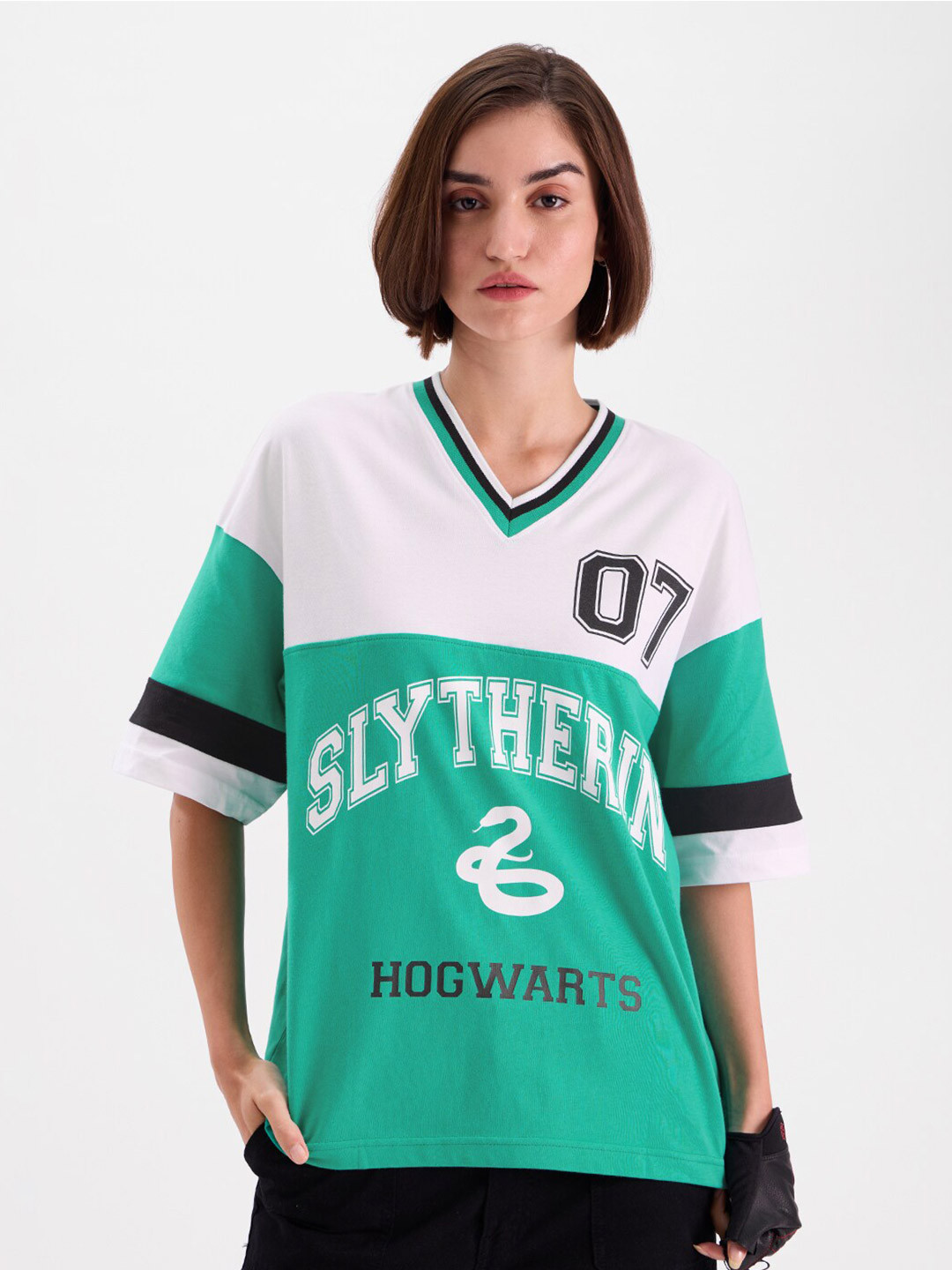 The Souled Store Green Oversized Harry Potter Printed V-Neck Cotton T-shirt