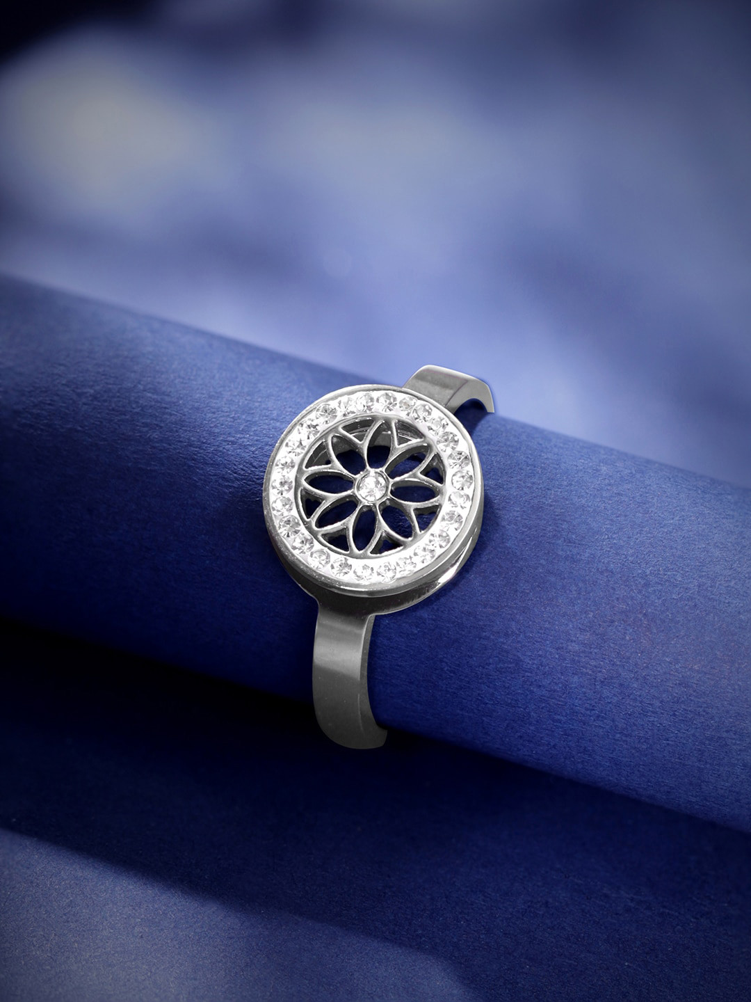 Rubans Rhodium Plated Waterproof Tarnish-Free Floral CZ Demi-Fine Adjustable Ring