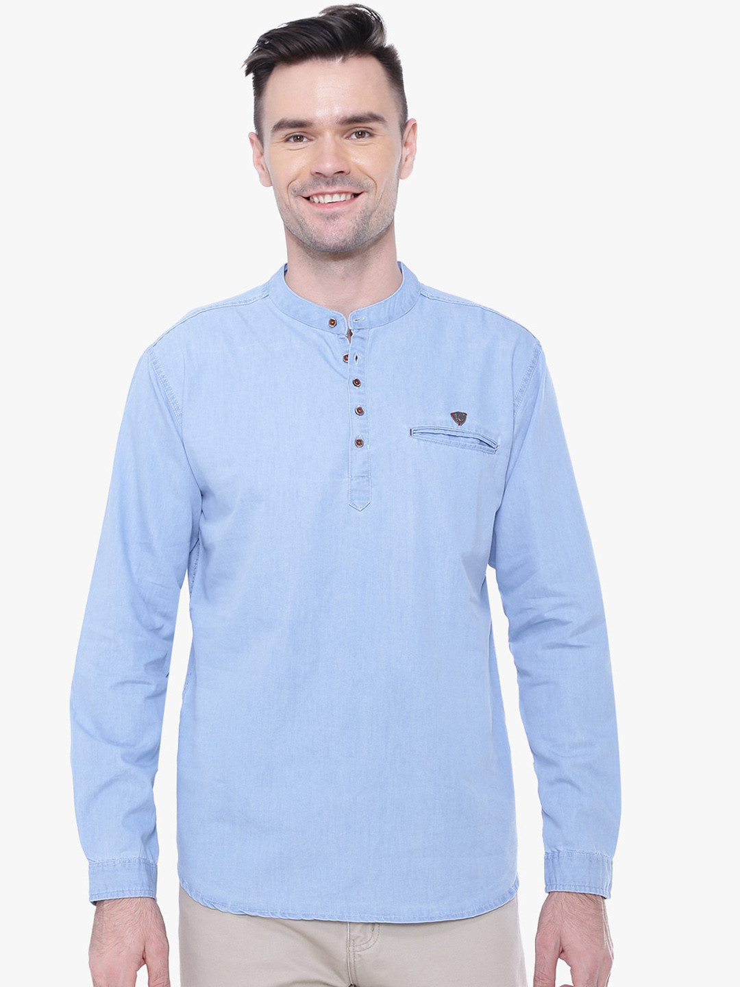 Kuons Avenue Tailored Fit Mandarin Collar Long Sleeve Denim Casual Shirt