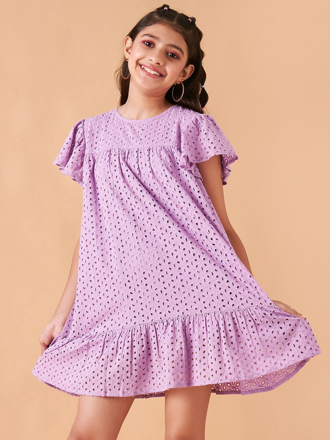 Cherry & Jerry Girls Self Design Flutter Sleeves Cotton A-Line Mini Dress