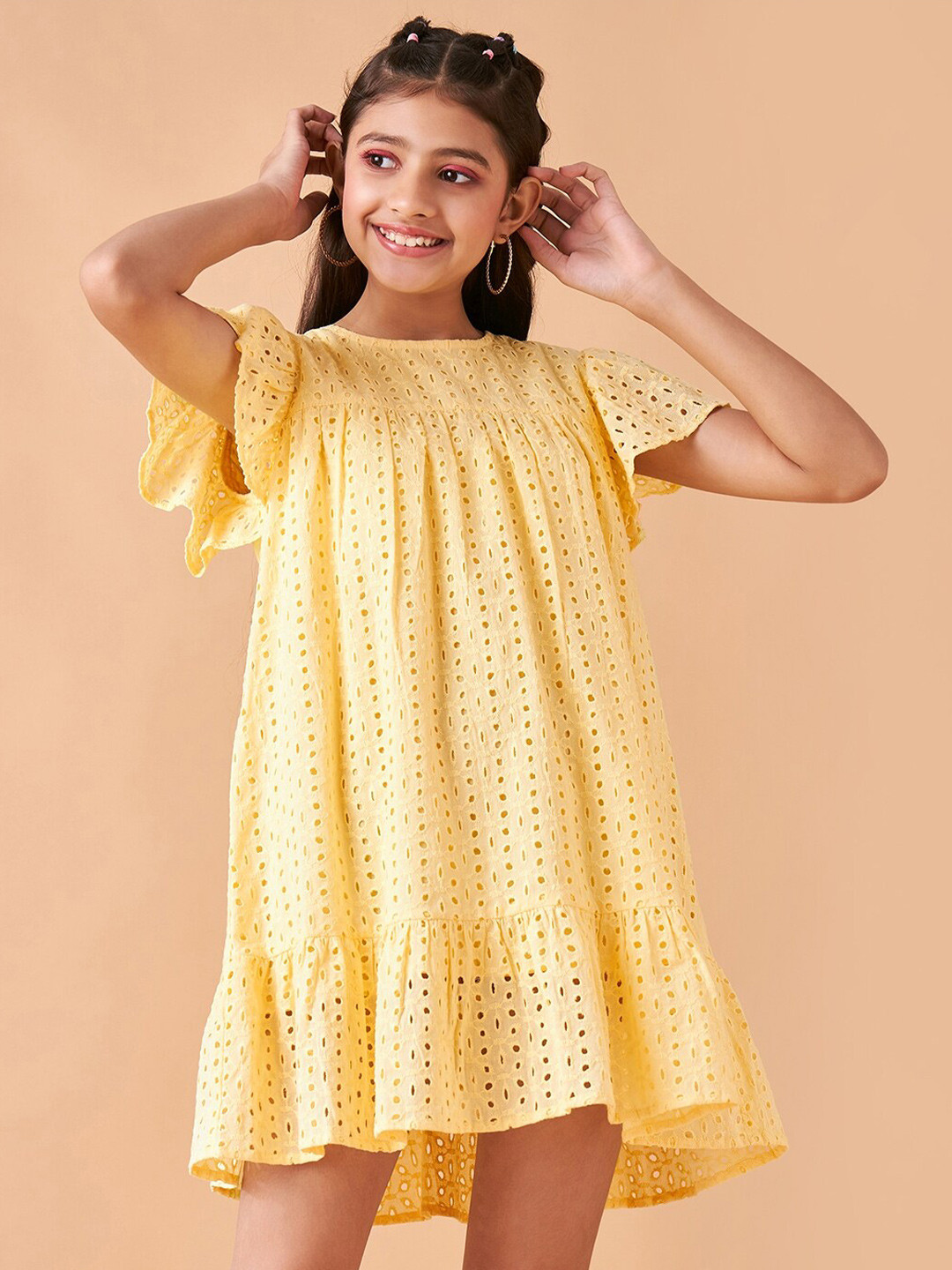 Cherry & Jerry Girls Self Design Flutter Sleeves Cotton A-Line Mini Dress