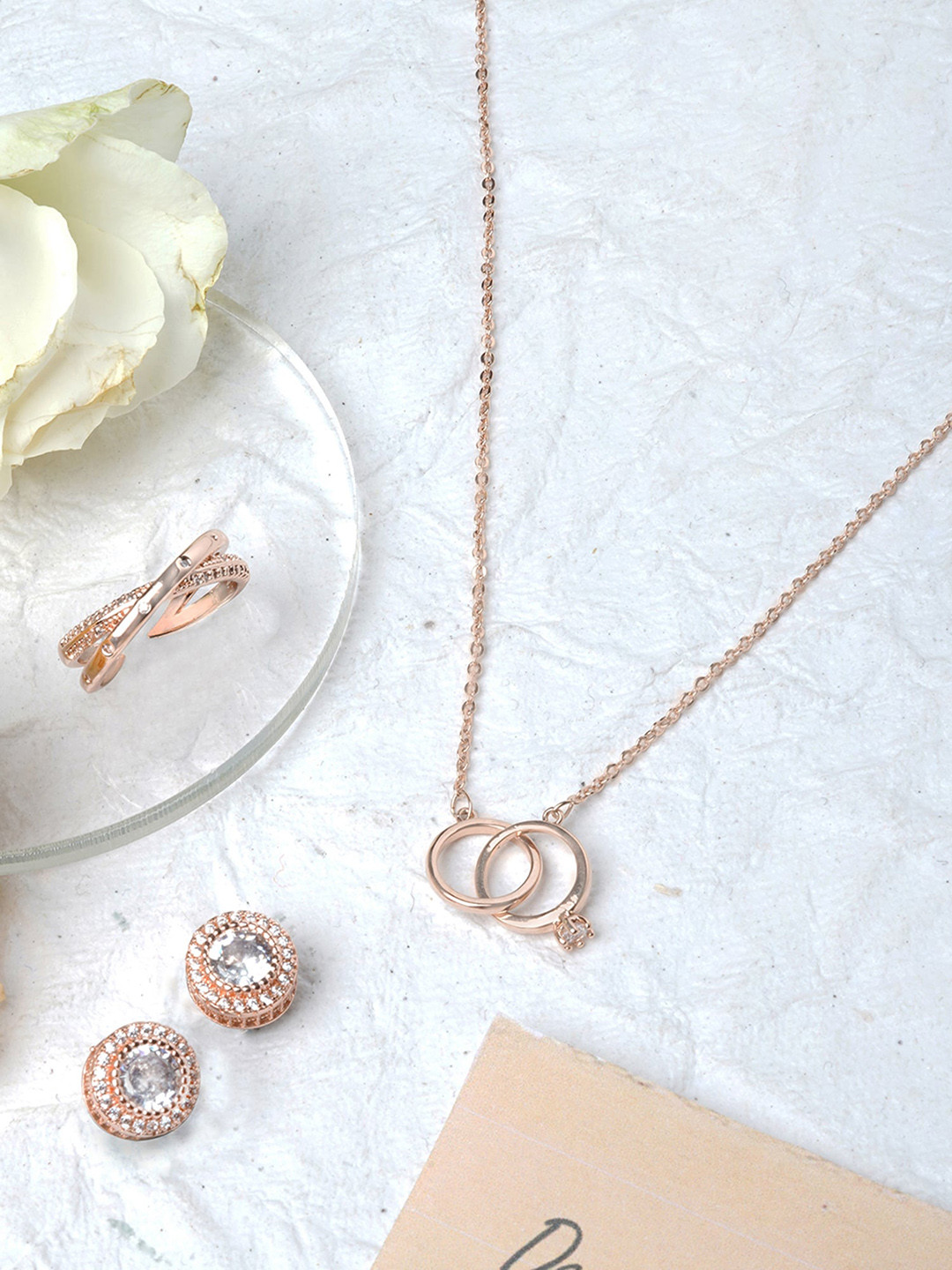 JOKER & WITCH Love Beyond  Set Of 3 Rose Gold-Plated  Stone Studded Jewelry Set