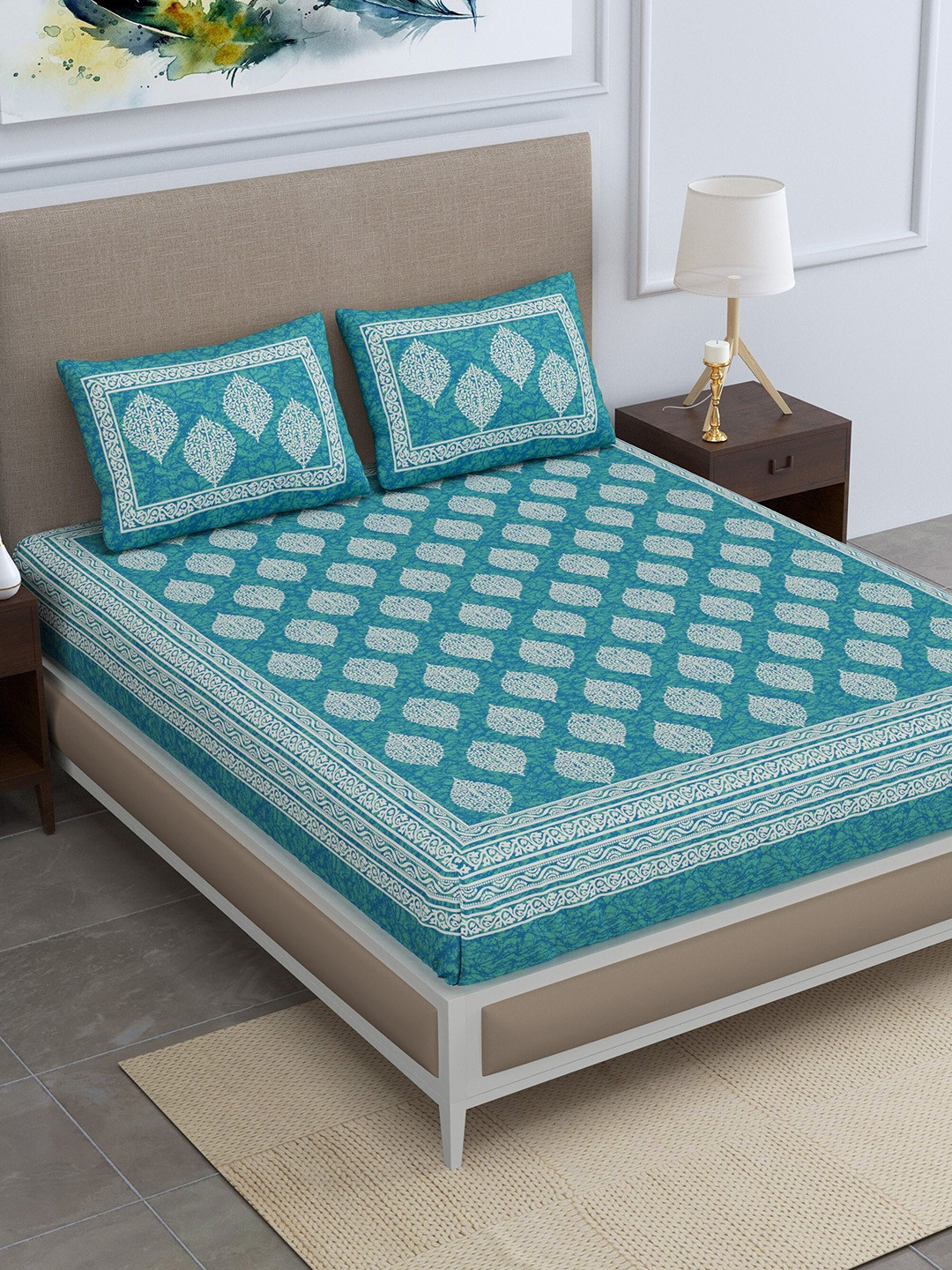 SheetKart Batik Green & White Printed Cotton 104 TC Queen Bedsheet with 2 Pillow Covers