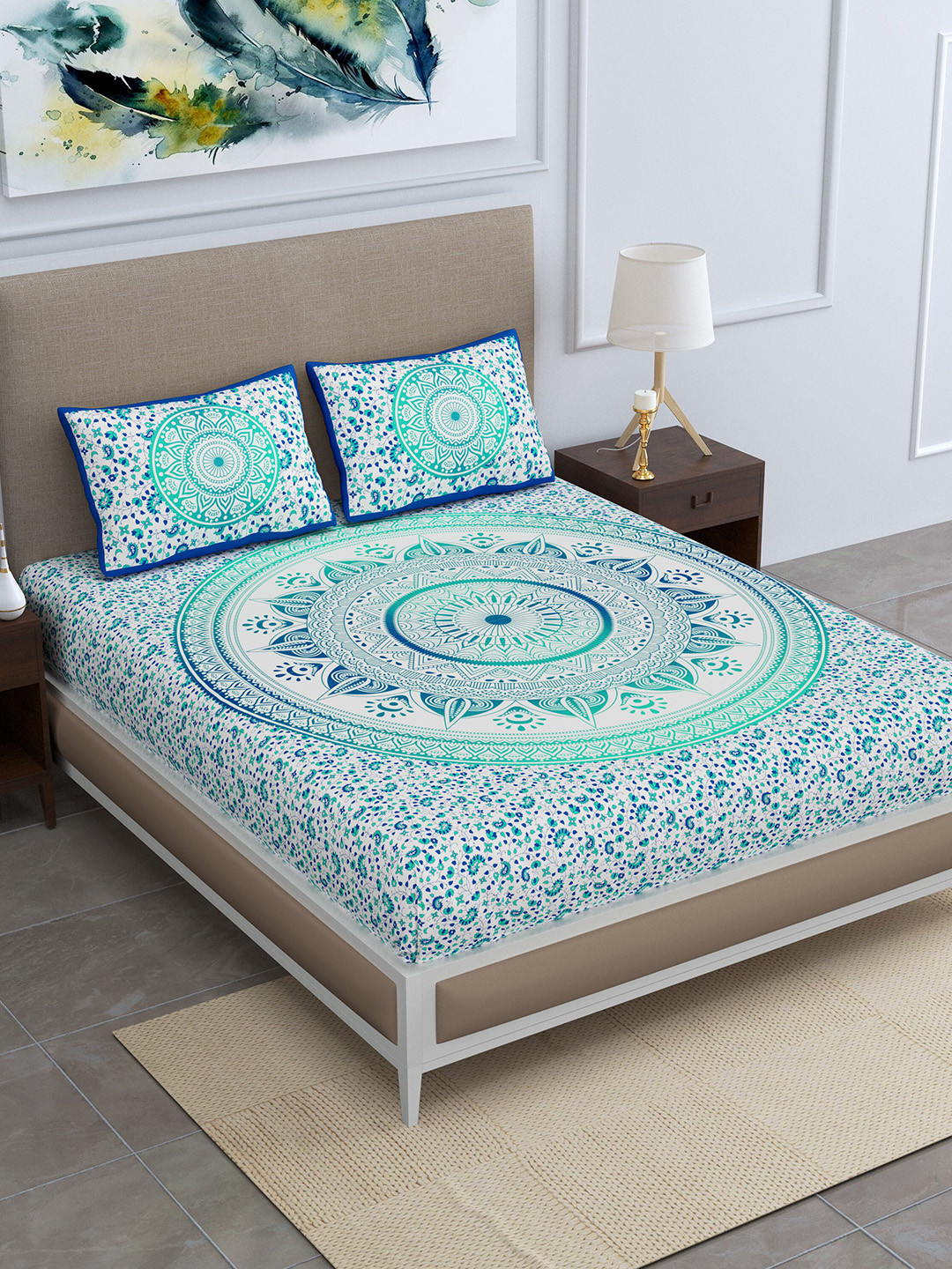 SheetKart Ombre Sea Green Printed Cotton 104 TC Queen Bedsheet with 2 Pillow Covers