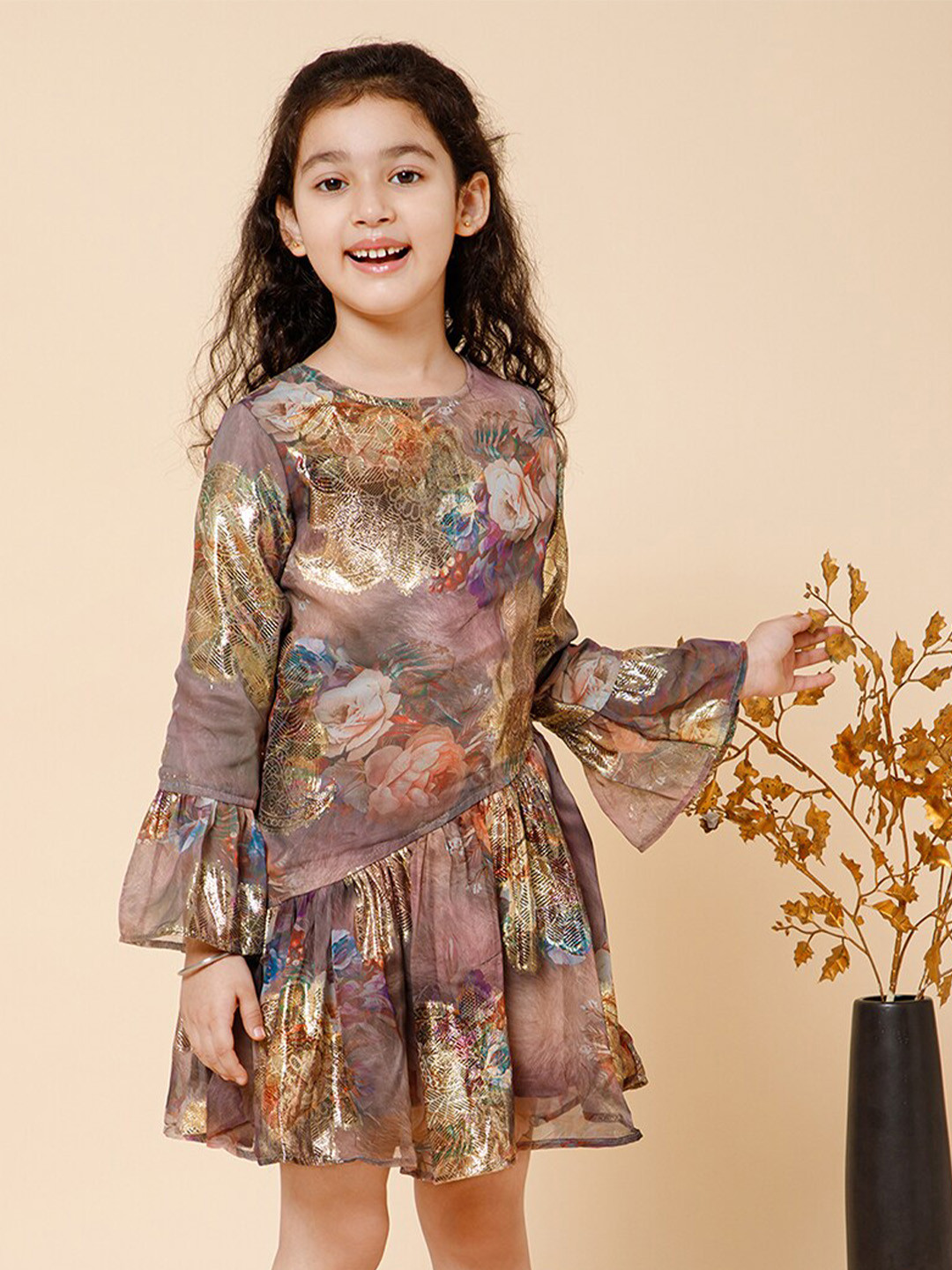PICCOLO Girls Floral Printed Round Neck Bell Sleeve Gathered Georgette A-Line Dress