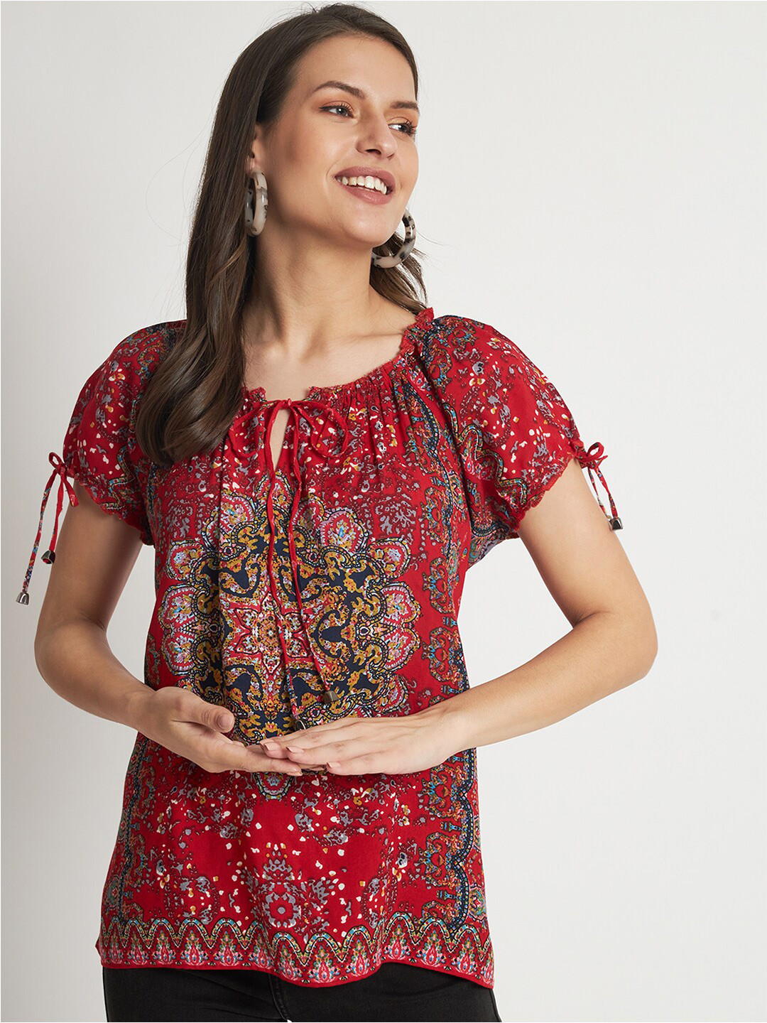 VELDRESS Floral Printed Tie-Up Neck Puff Sleeves Top