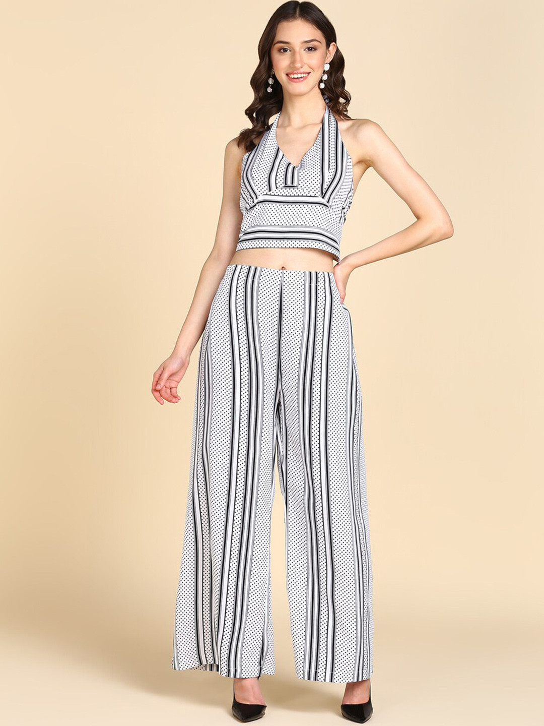 BAESD Striped Halter Neck Crop Top With Palazzo
