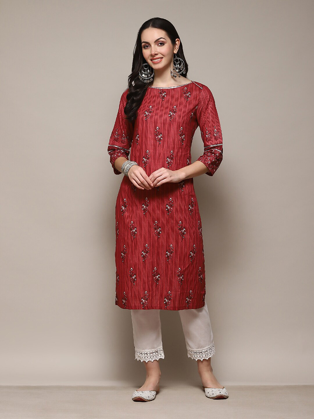 Biba Rust Floral Printed Cotton Straight Kurtas