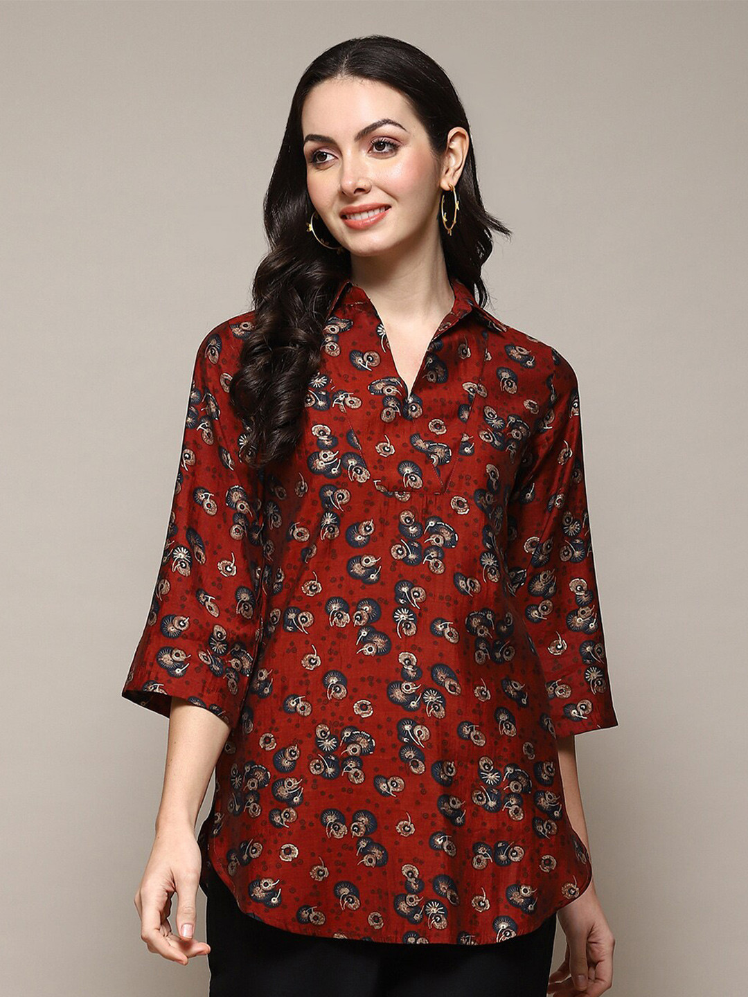 Biba Orange Conversational Printed Shirt Style Top